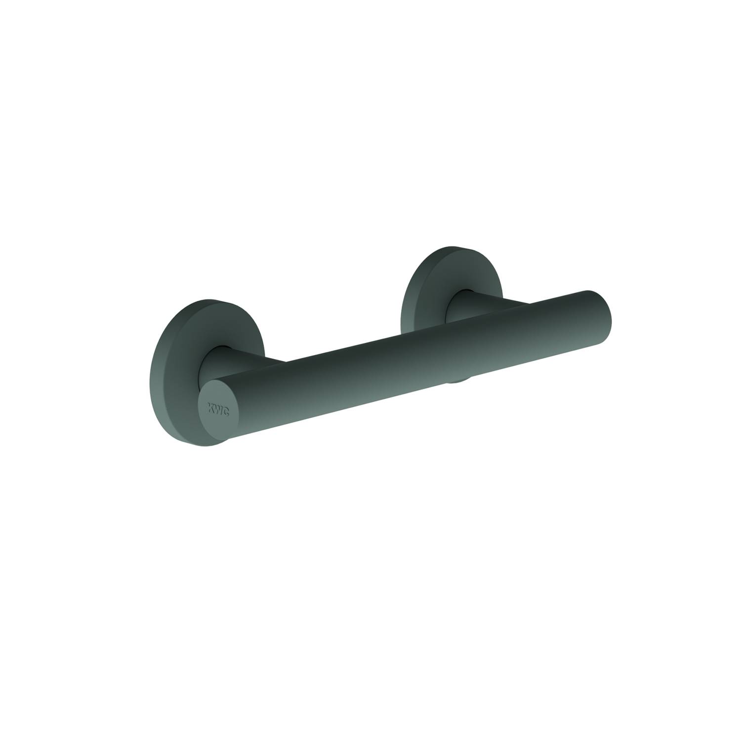 Eine matte schwarze Metallstange mit runden Wandhalterungen an jedem Ende vor einem schwarzen Hintergrund.