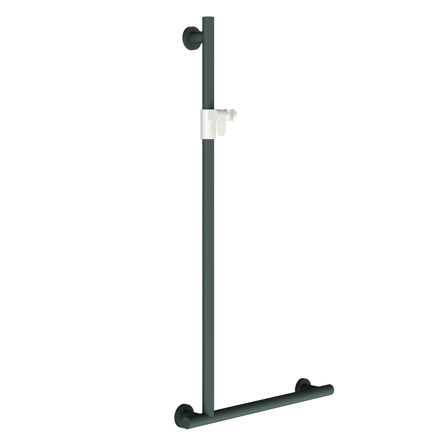 Eine minimalistische L-förmige schwarze Haltegriff-Garnitur vor schwarzem Hintergrund, bestehend aus horizontalen und vertikalen Stangen mit einem weißen Befestigungselement.