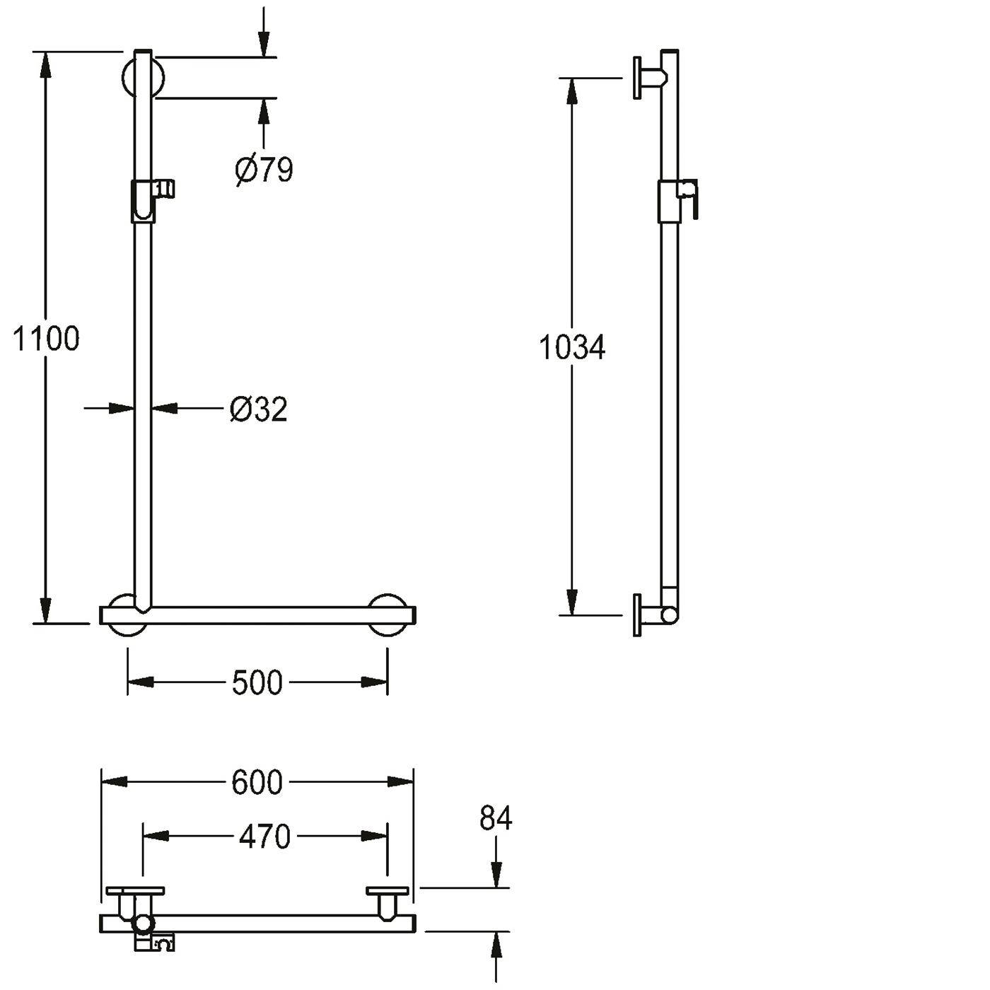 KWC Winkelgriff, MEDCARE, Edst, Grau, 90 Grad, 600x1100x84 mm, Ausf. Re, Br.h