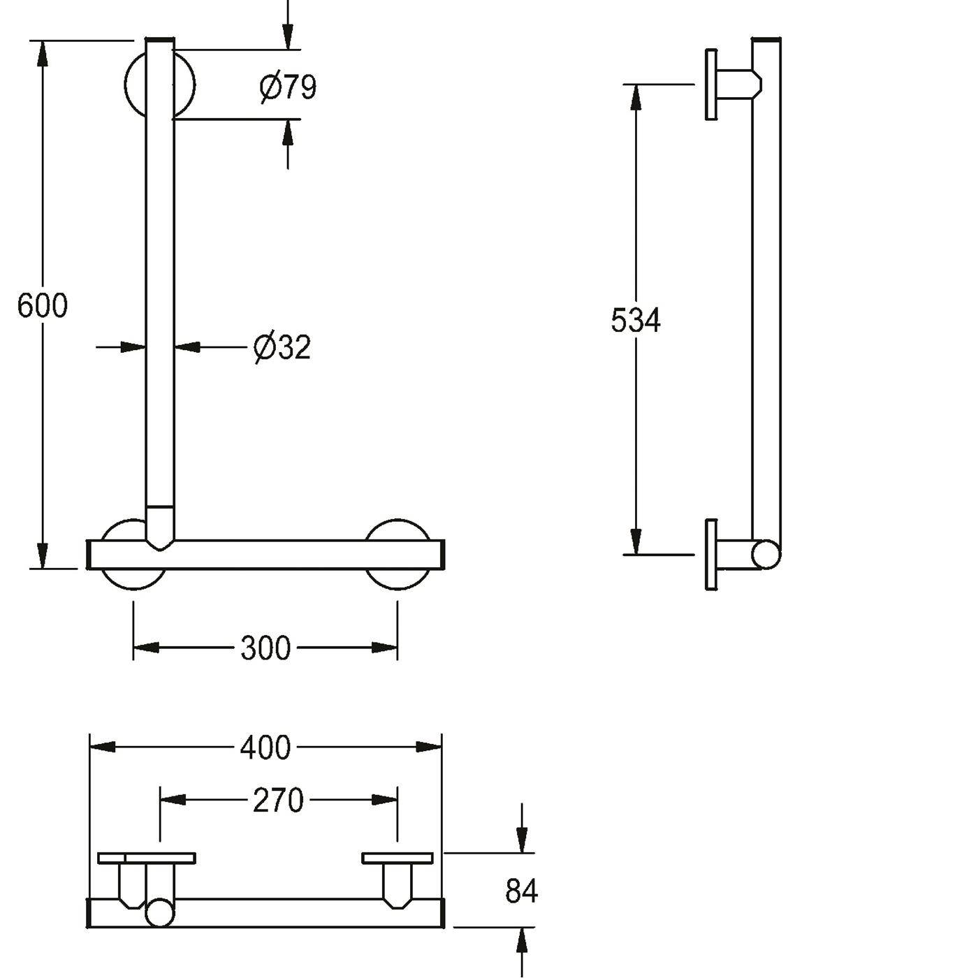KWC Winkelgriff, MEDCARE, Edst, Grau, 90 Grad, 400x600x84 mm, Ausf. Rechts