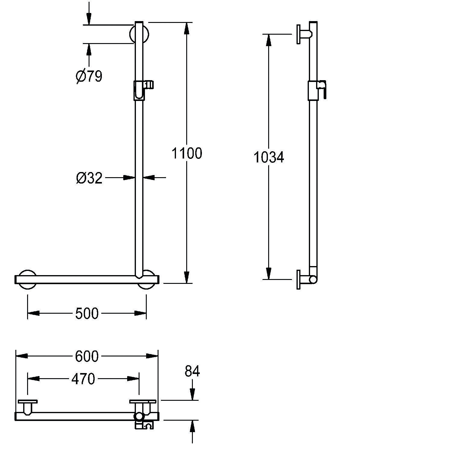 Technische Zeichnung einer vertikalen Metallstützstange mit Abmessungen: Höhe 1100 mm, Tiefe 1040 mm, Breite 500 mm, Durchmesser Ø79 mm und Ø32 mm.