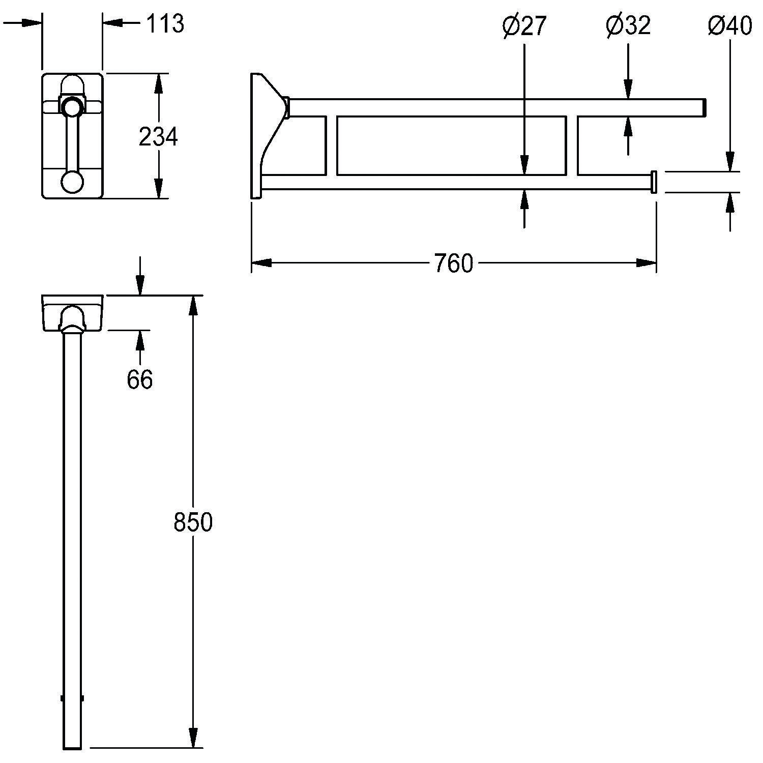 Eine technische Zeichnung, die die Abmessungen einer wandmontierten Stützstange zeigt: 850 mm hoch, 760 mm lang. Darstellung umfasst Seiten- und Draufsicht.