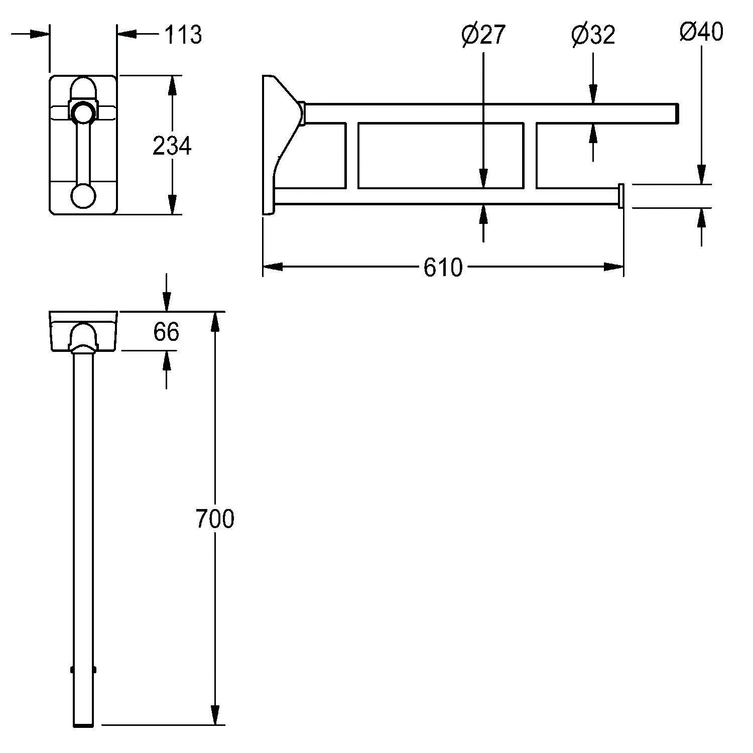 Technische Zeichnung einer wandmontierter Klappgriffstange. Hauptlänge 610 mm, Wandmontagehhöhe 700 mm, mit beschrifteten Abmessungen für Einzelteile.
