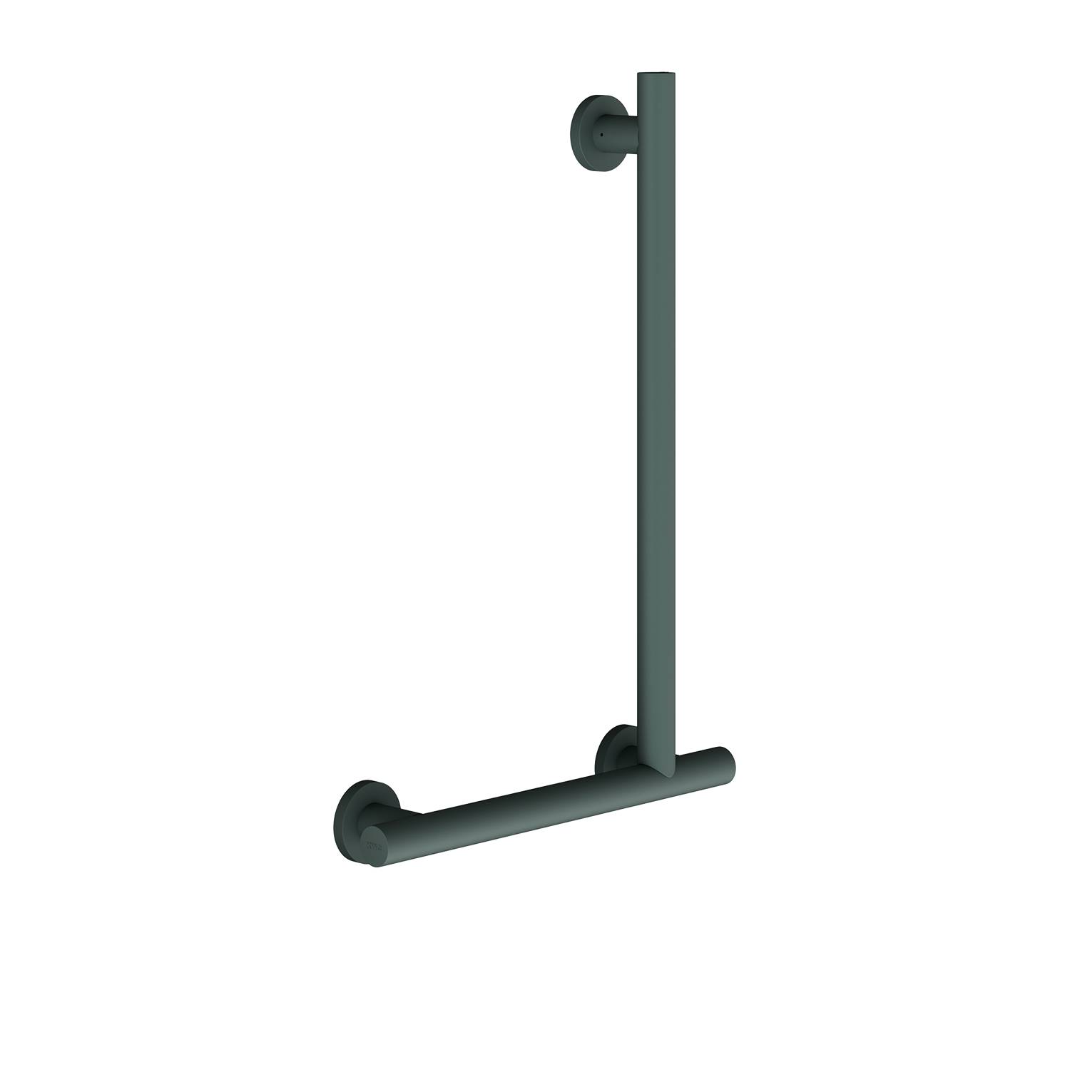 Eine dunkel gefärbte Haltestange mit L-förmigem Design auf schwarzem Hintergrund, die typischerweise zur Unterstützung in Badezimmern verwendet wird.