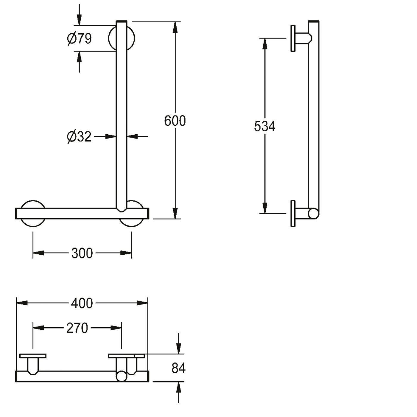 KWC Winkelgriff, MEDCARE, Edst, Grau, 90 Grad, 400x600x84 mm, Ausf. Links