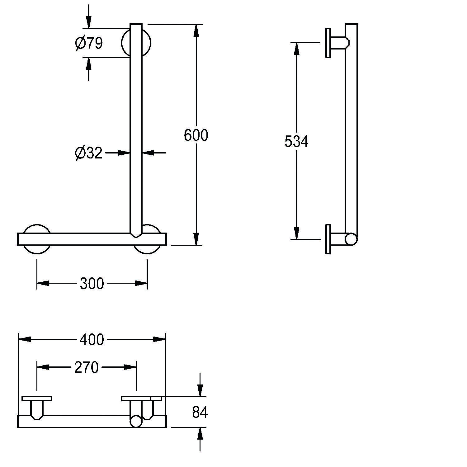 Technische Zeichnung eines Handtuchhalters mit Maßen. Vertikale Länge: 600 mm, horizontal: 300 mm und 400 mm, und Durchmesser: 32 mm und 79 mm.