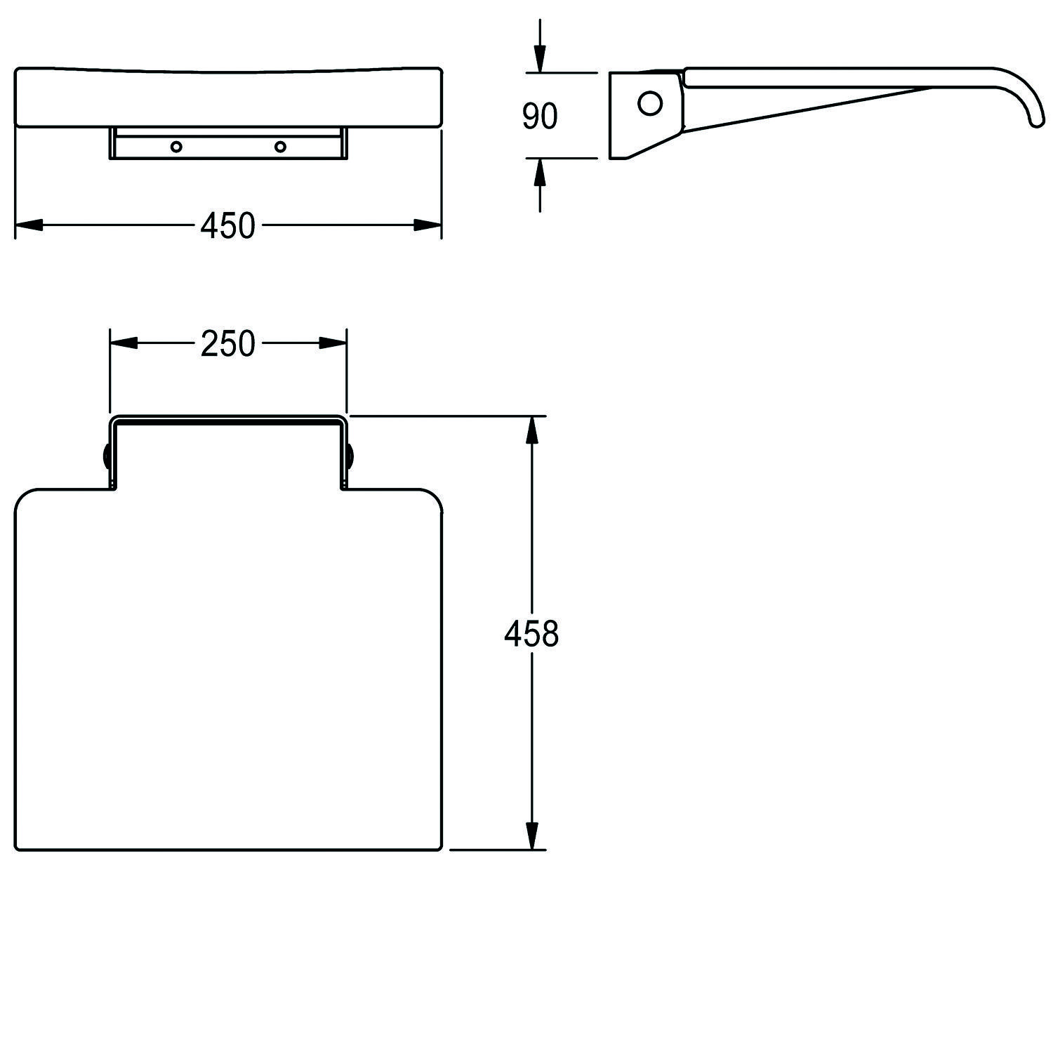Technische Zeichnung eines Geräts: Draufsicht zeigt Abmessungen von 450 mm Länge und 90 mm Breite; Seitenansicht ist 250 mm breit und 458 mm hoch.