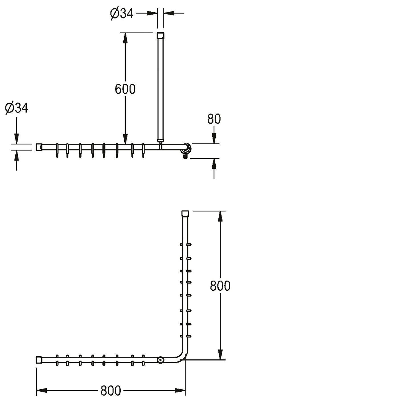 Technische Zeichnung eines gebogenen Metallrahmens mit Abmessungen: 34 mm Durchmesser Teile, 600 mm vertikaler Abschnitt, 80 mm Endversatz und 800 mm horizontale und vertikale Längen.