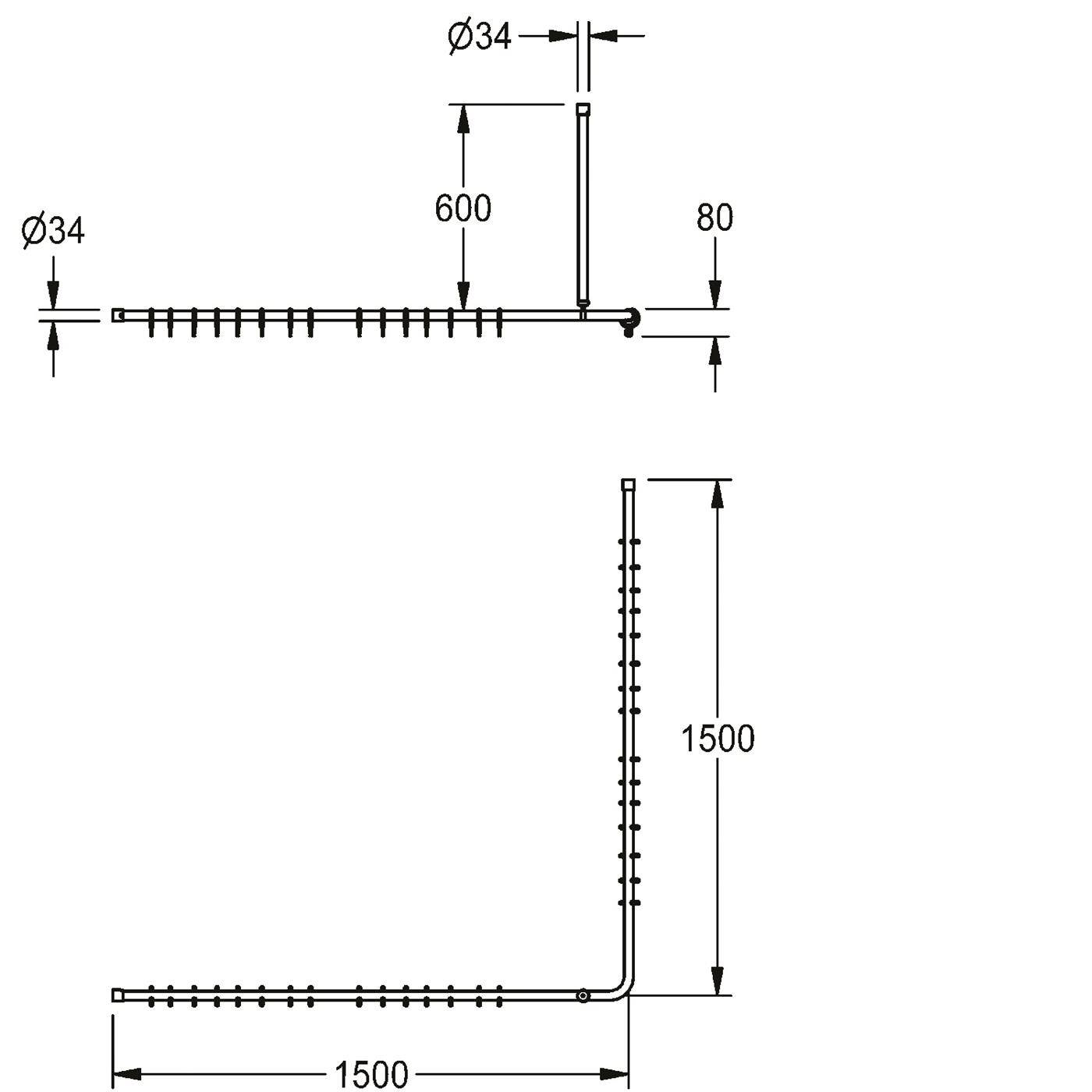 KWC Vorhangstange, MEDCARE, Edelstahl, Grau, 1500x600x1500 mm, Ringe Weiß