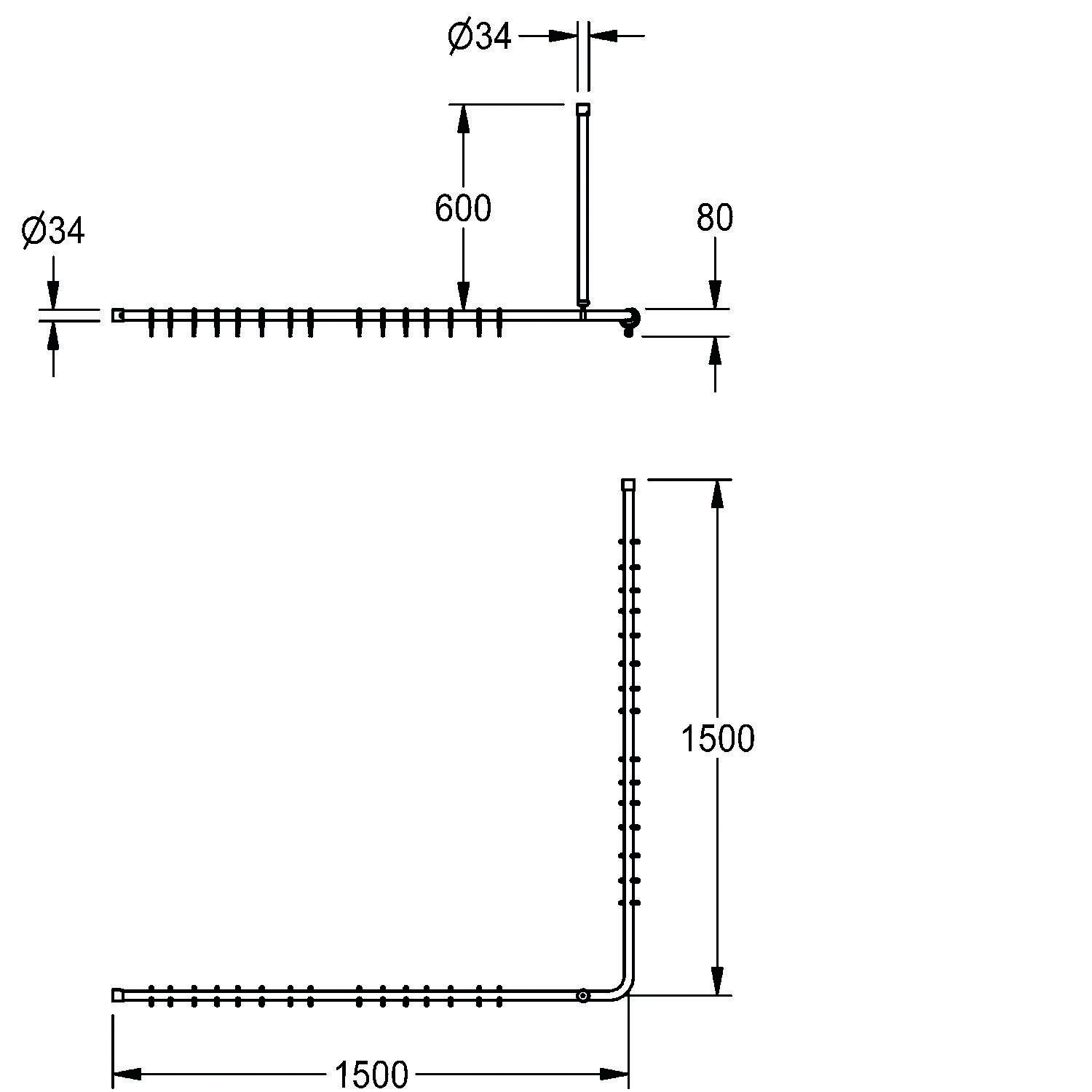 Eine technische Zeichnung zeigt eine Stabstruktur mit zwei Winkeln. Der horizontale Teil misst 600 mm und 1500 mm; der vertikale Teil ist 1500 mm lang. Der Durchmesser beträgt Ø34 mm.