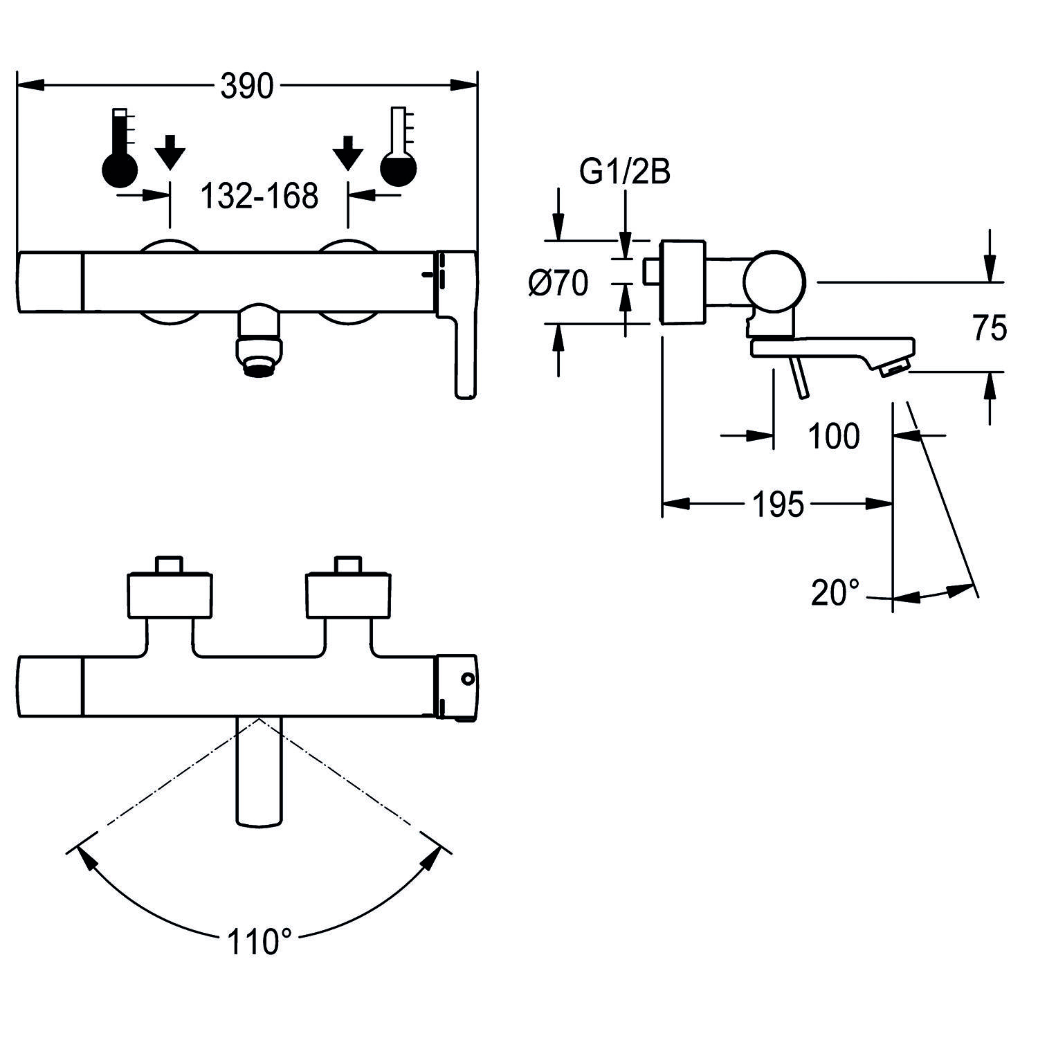 Diagramm eines Wandarmaturen-Wasserhahns mit Abmessungen: Breite 390 mm, Achsabstand 132-168 mm, Armlänge 195 mm, Winkel 20°, Drehbereich 110°.