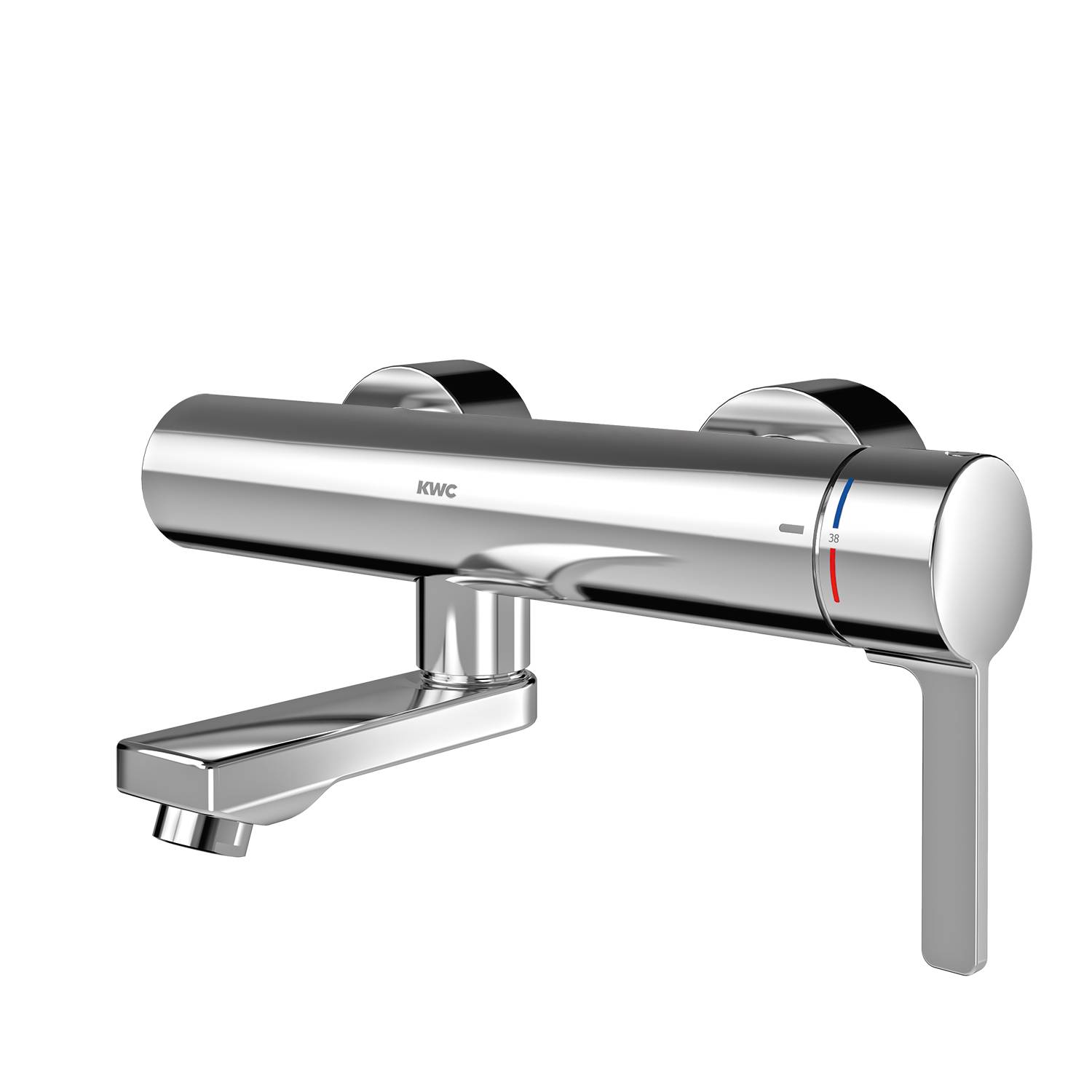Glänzender Chrom-Badezimmerhahn vor einem schwarzen Hintergrund, mit modernem Design und Temperaturanzeigen am Griff.