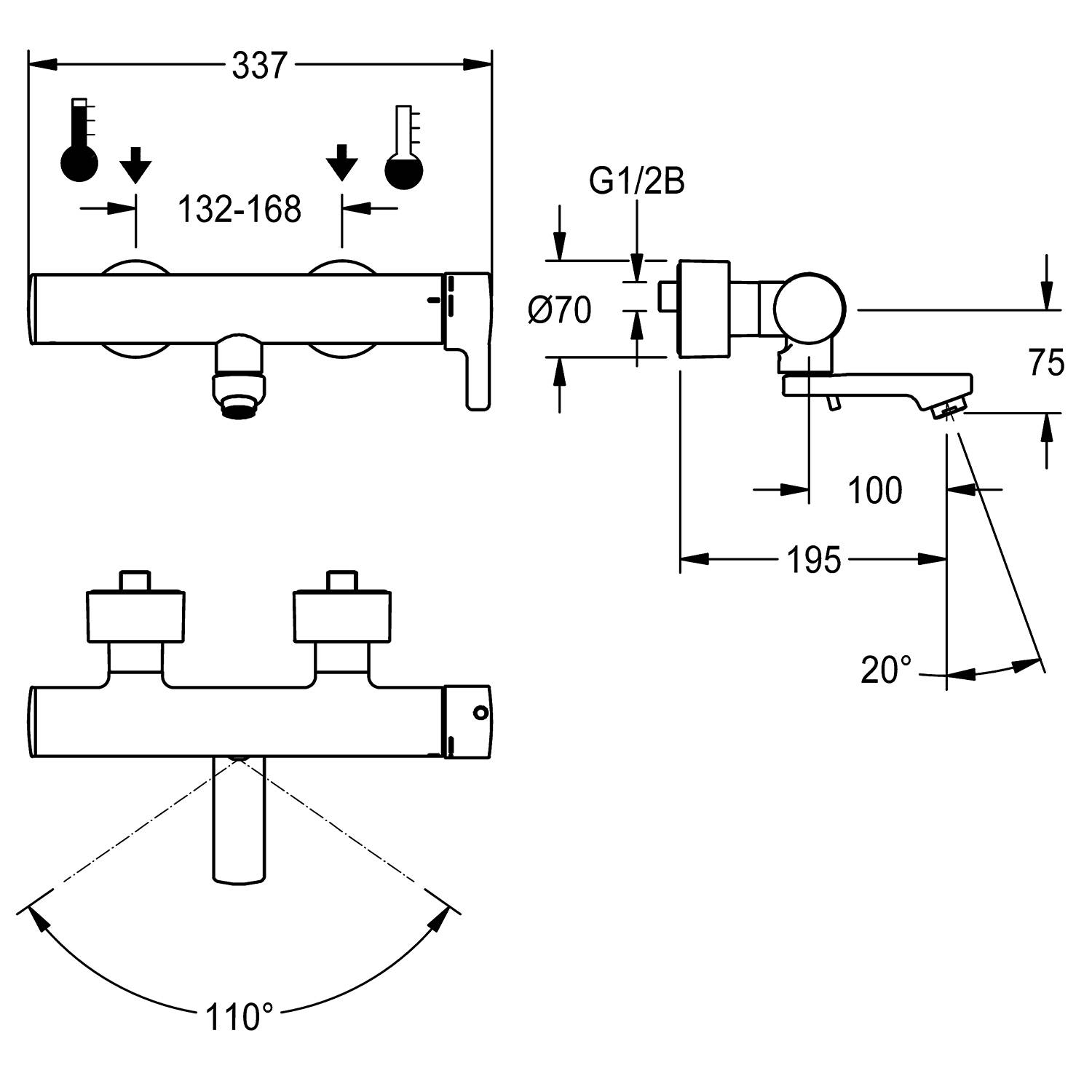 Diagramm eines Wandarmaturanschlusses mit Abmessungen: Gesamtbreite 337 mm, verstellbare Anschlusspunkte 132-168 mm und Auslaufweite 195 mm.