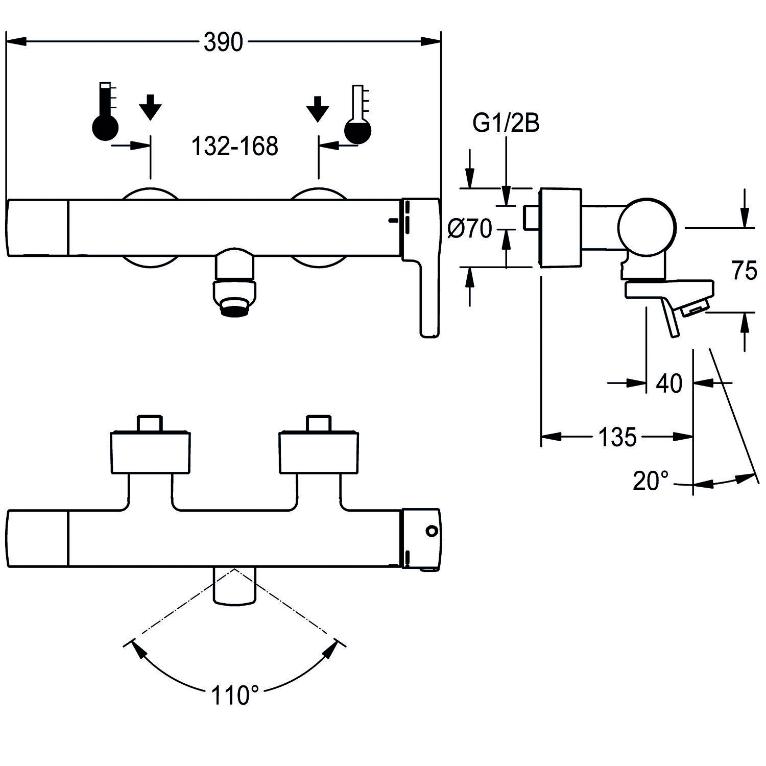 Technische Zeichnung eines Wandarmaturen-Wasserhahns mit Dimensionen: Breite 390 mm, Auslaufwinkel 110°. Zeigt Höhe, Tiefe und Installationsspezifikationen.