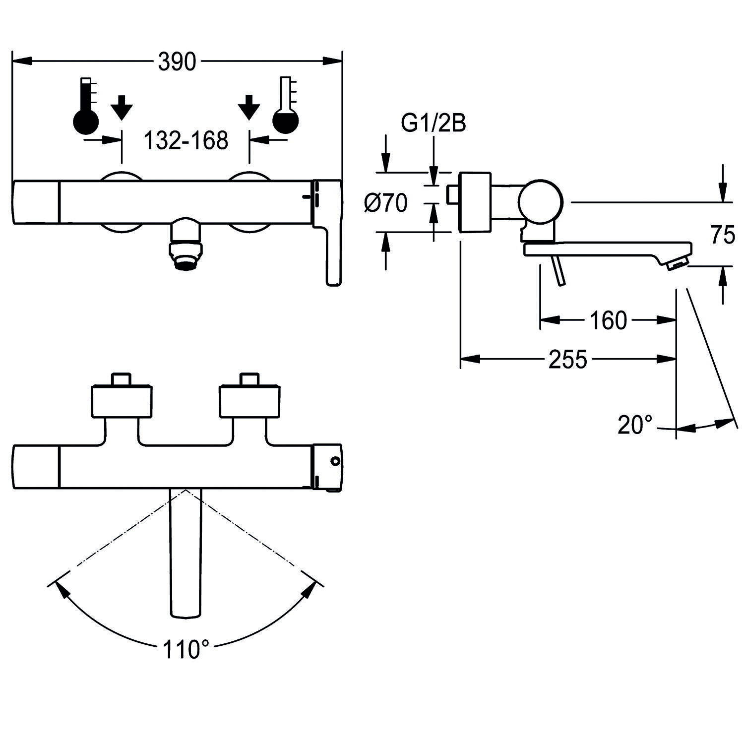 Technische Zeichnung eines Wasserhahnsystems mit Abmessungen: Breite 390 mm, Tiefe 255 mm, verstellbare Breite 132-168 mm, Rotation 20°.