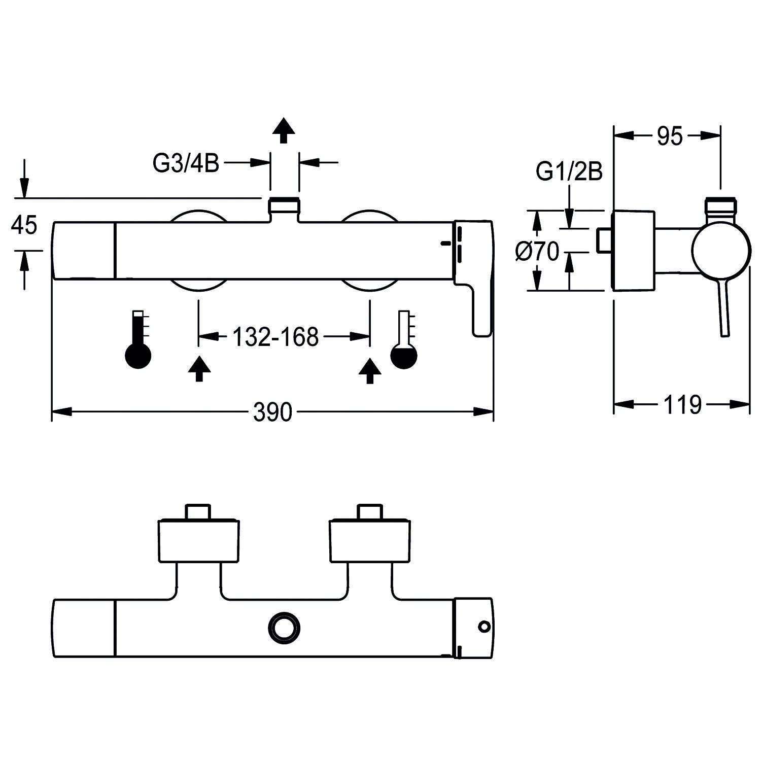 Technische Zeichnung eines Wandarmaturs mit Abmessungen: Breite 390 mm, Höhe 45 mm, Tiefe 119 mm, Anschlussgrößen G3/4B und G1/2B.