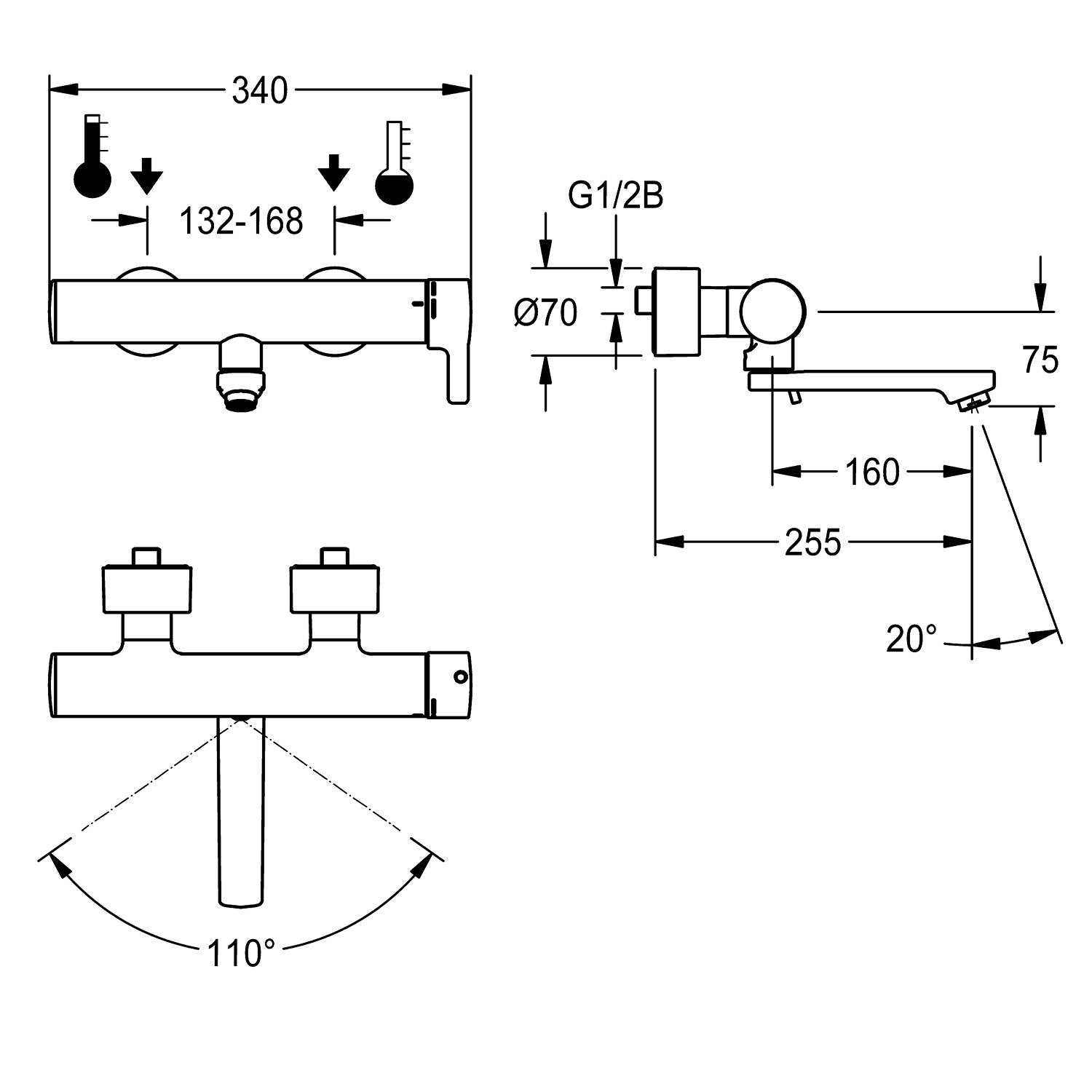 Technische Zeichnung eines Wandarmaturen-Waschtischmischers mit Abmessungen: Breite 340 mm, Tiefe 75 mm, mit 110° schwenkbarem Auslauf, G1/2B-Anschluss.