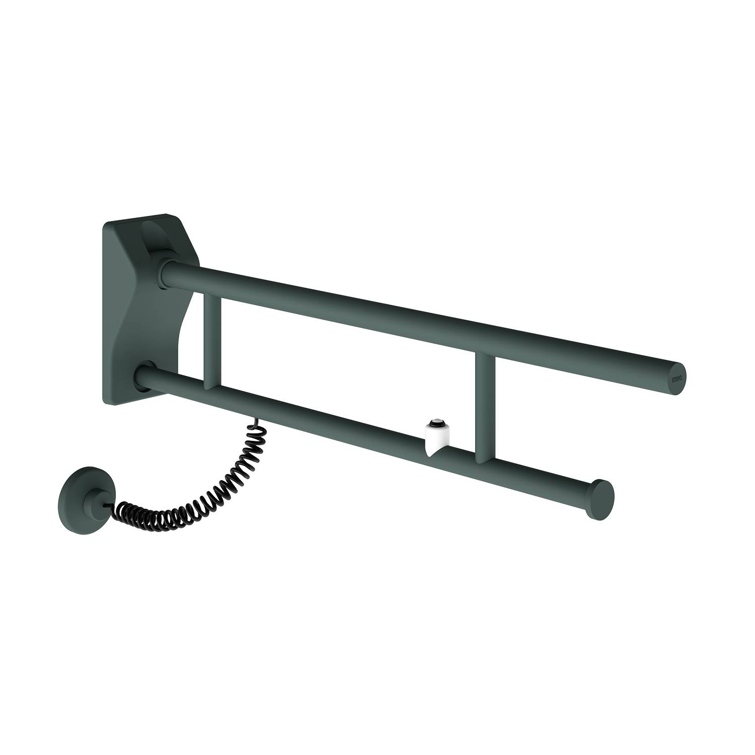 Schwarze T-förmige Haltestange mit klappbarem Arm und angeschlossenem Seil, an der Wand montiert. Entwickelt für Unterstützung und Sicherheit in Badezimmern.