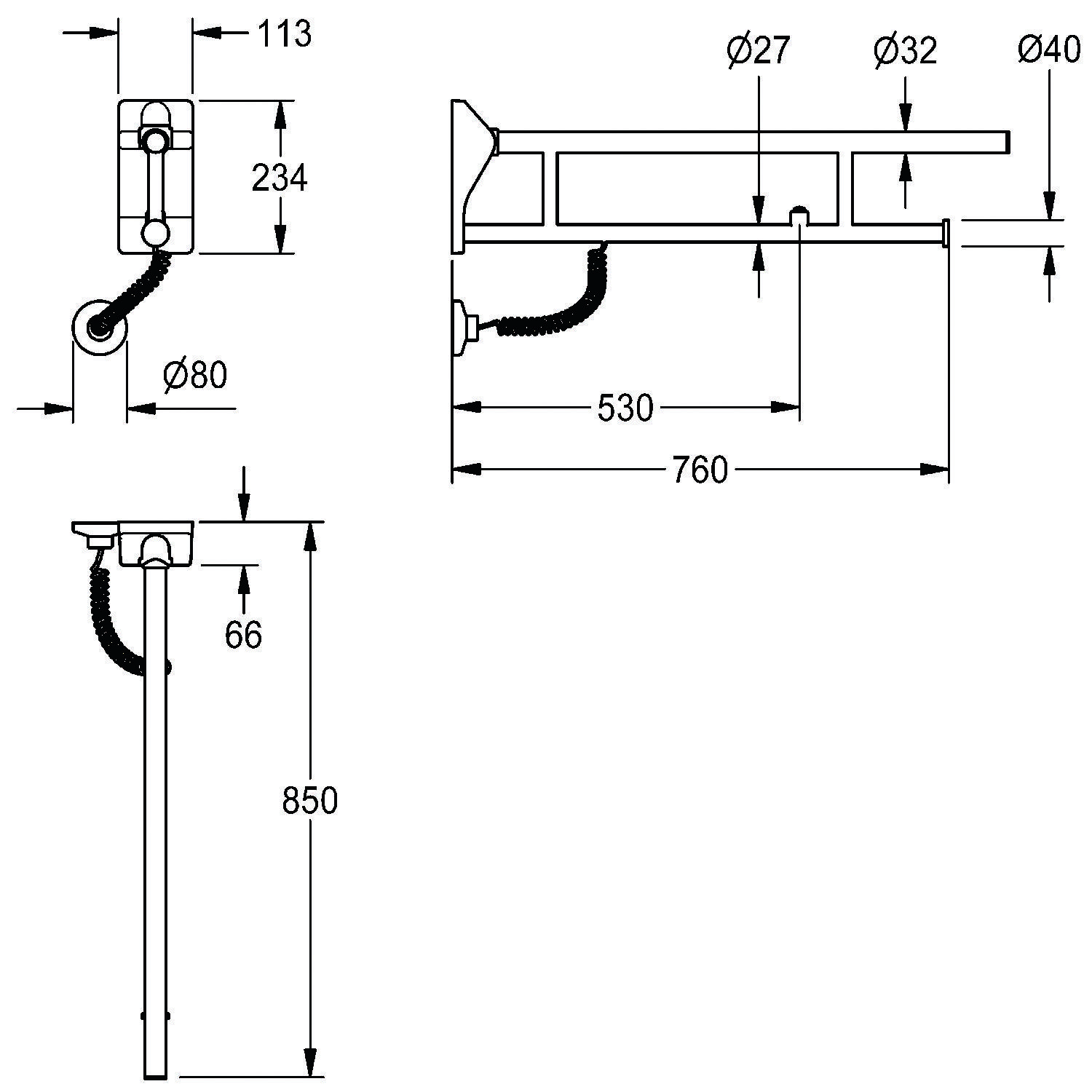 Diagramm einer Wandhalterung mit Haltegriff mit Maßangaben. Höhe: 850 mm, Breite: 760 mm. Dargestellt sind die Hauptsektionen mit horizontalen und vertikalen Stangen.