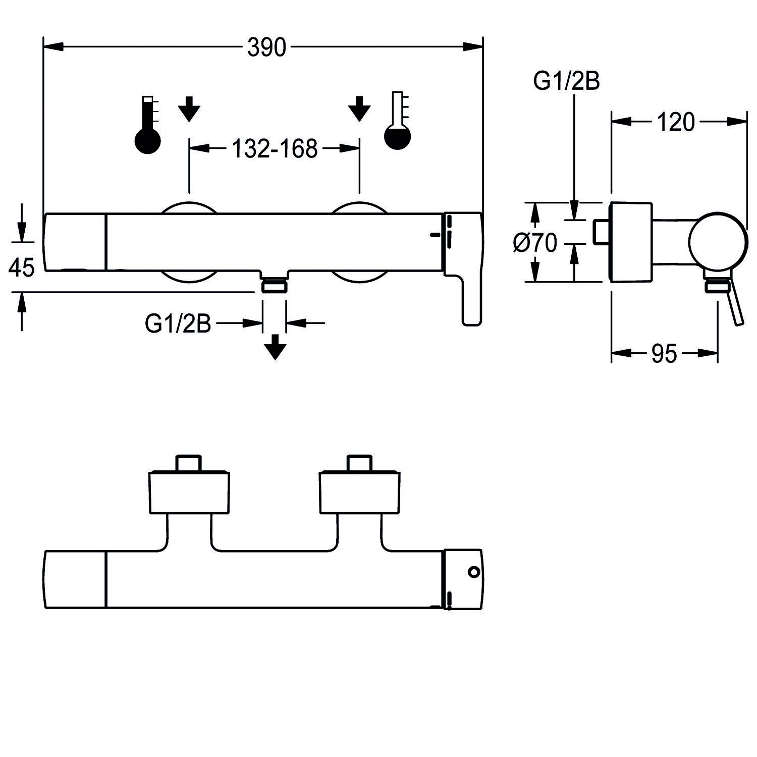 Technische Zeichnung eines Wandarmaturs, mit Abmessungen: 390 mm Breite, 132-168 mm Tiefe und 120 mm Auslauflänge.