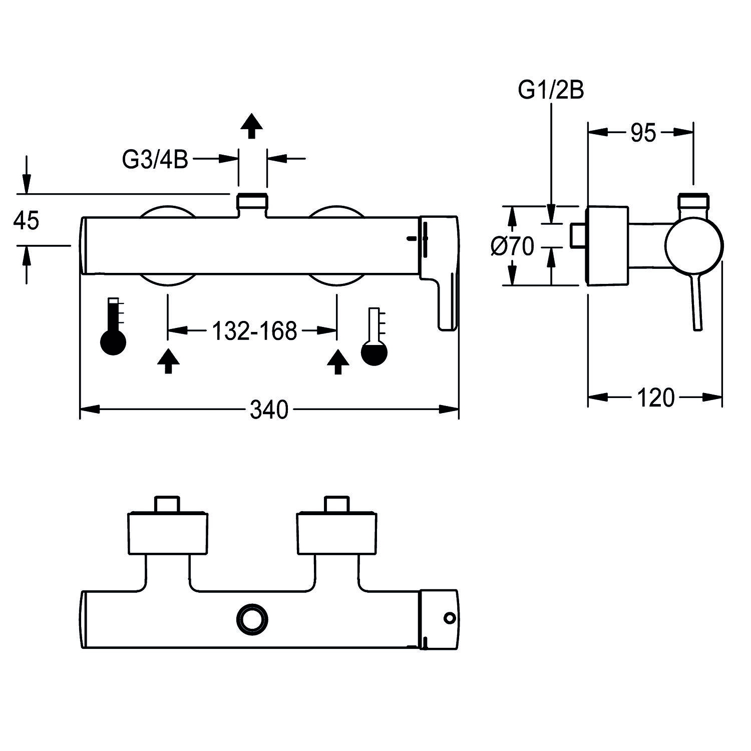 Technische Zeichnung eines Brausemischers mit Maßangaben: 340 mm Breite, 132-168 mm Ventilabstand, 95 mm Tiefe, mit G1/2B- und G3/4B-Anschlüssen.