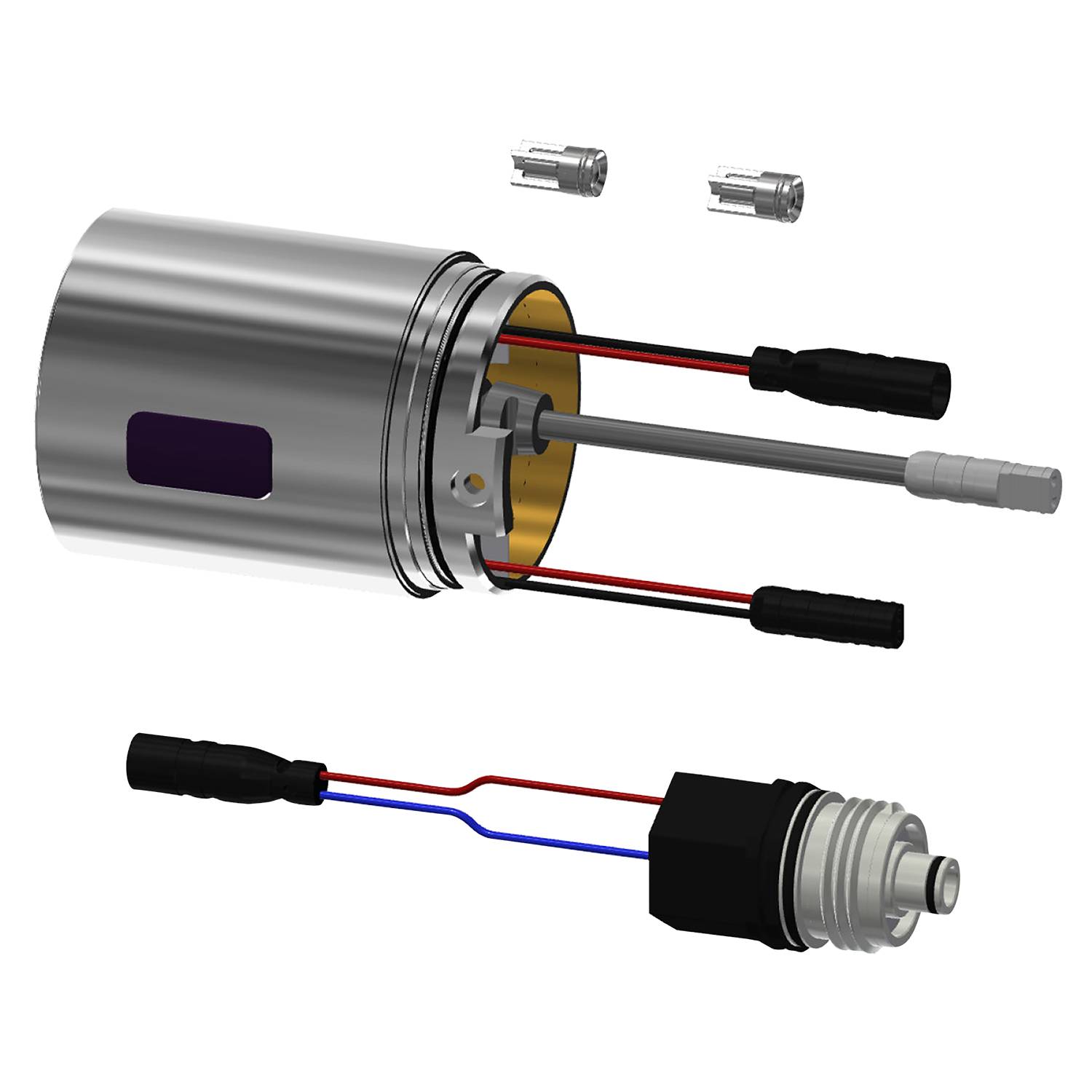 Explosionszeichnung eines Hydraulikzylinders mit Komponenten: Kolben, Kolbenstange, Zylinderkörper, Dichtungen und Verbindungsstangen, mit Farbcodes beschriftet.