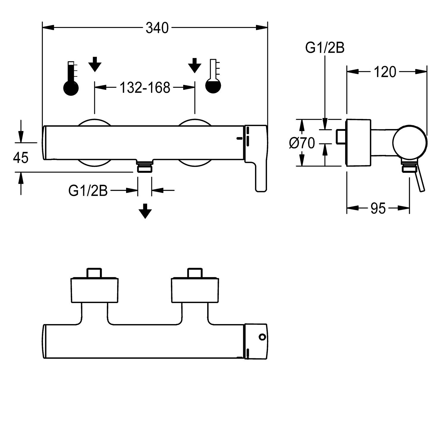 Technische Zeichnung eines thermostatischen Duschenmischers mit Maßen: 340 mm breit, 45 mm hoch, Rohrmittenabstand 132-168 mm, Anschlussgrößen G1/2B.