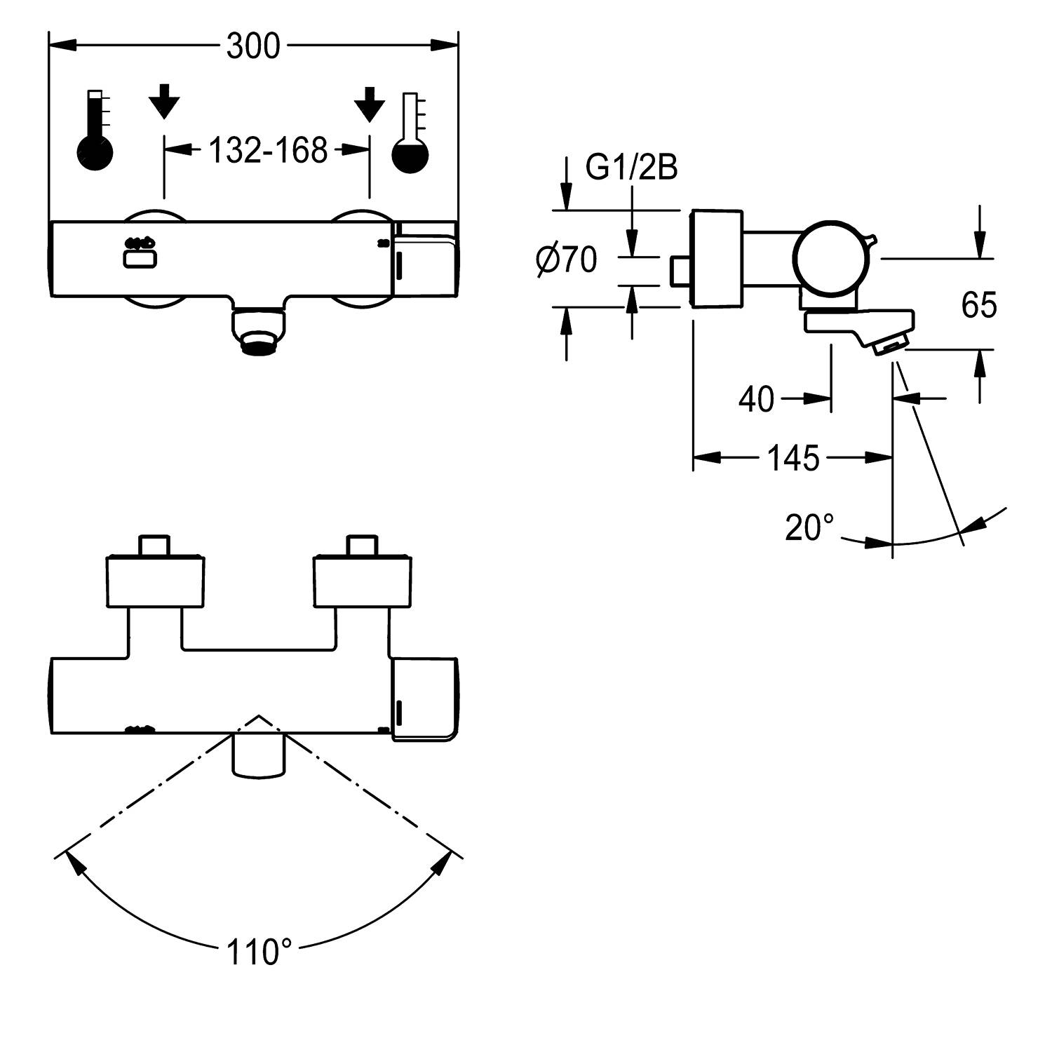 Technische Zeichnung eines Wasserhahns mit Abmessungen: 300 mm Breite, verstellbar 132-168 mm, 65 mm Höhe und einem Auslaufwinkel von 110°.