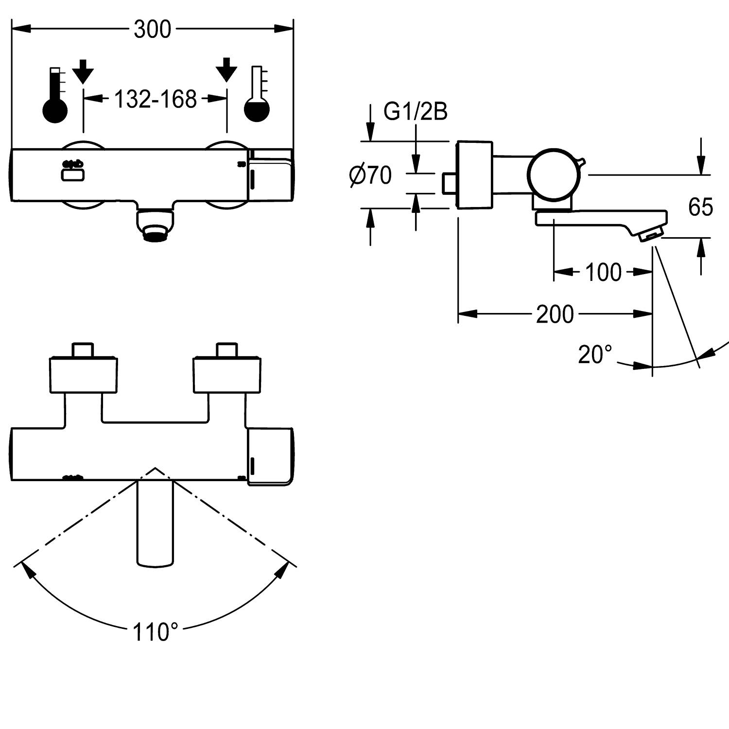 Technische Zeichnung eines Wasserhahns mit Maßangaben: Breite 300 mm, Tiefe 200 mm, Einlass G1/2B, Lochabstand 132-168 mm, Auslaufbereich 110°.