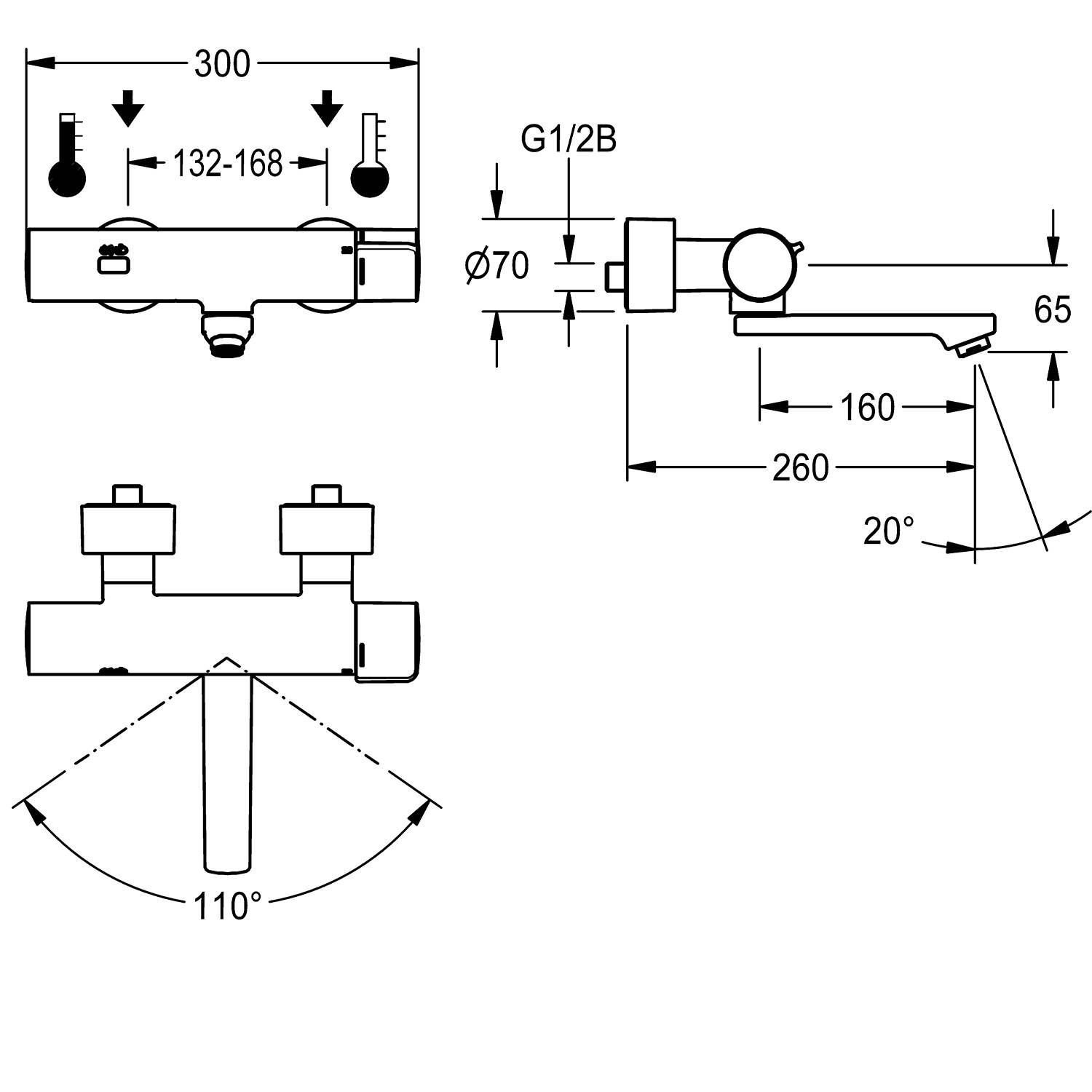 Technische Zeichnung eines Wand-Duscharmaturmischers mit Maßen: Gesamtbreite 300 mm, Brausenabstand 160 mm, Hebeldrehung 110°, und Auslaufdrehung 20°.