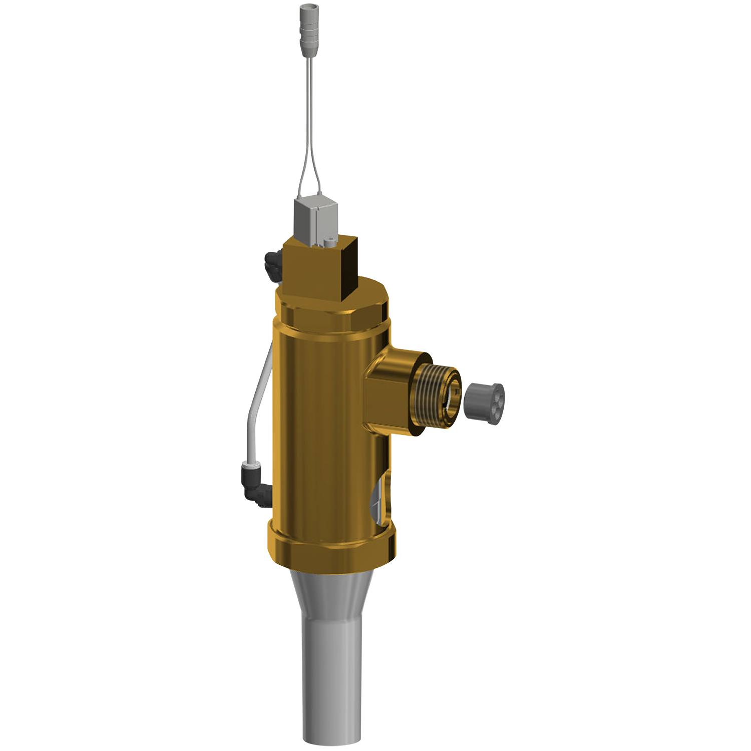 Ein goldfarben mechanisches Ventil mit einem vorstehenden Hebel wird vor einem schwarzen Hintergrund dargestellt und zeigt ein industrielles Ingenieurdesign.