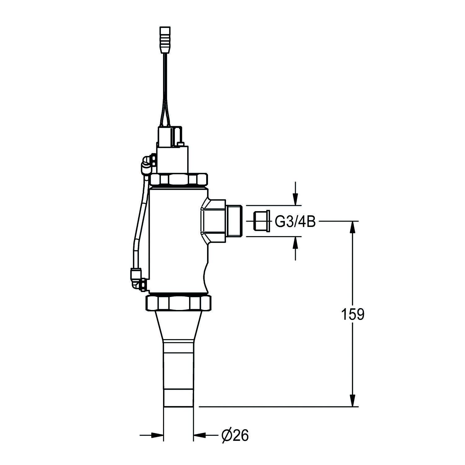 Technische Zeichnung eines Ventils mit markierten Abmessungen. Das Ventil zeigt eine G3/4B-Anschluss und eine Höhe von 159 mm, mit einem Durchmesser von Ø26 gekennzeichnet.