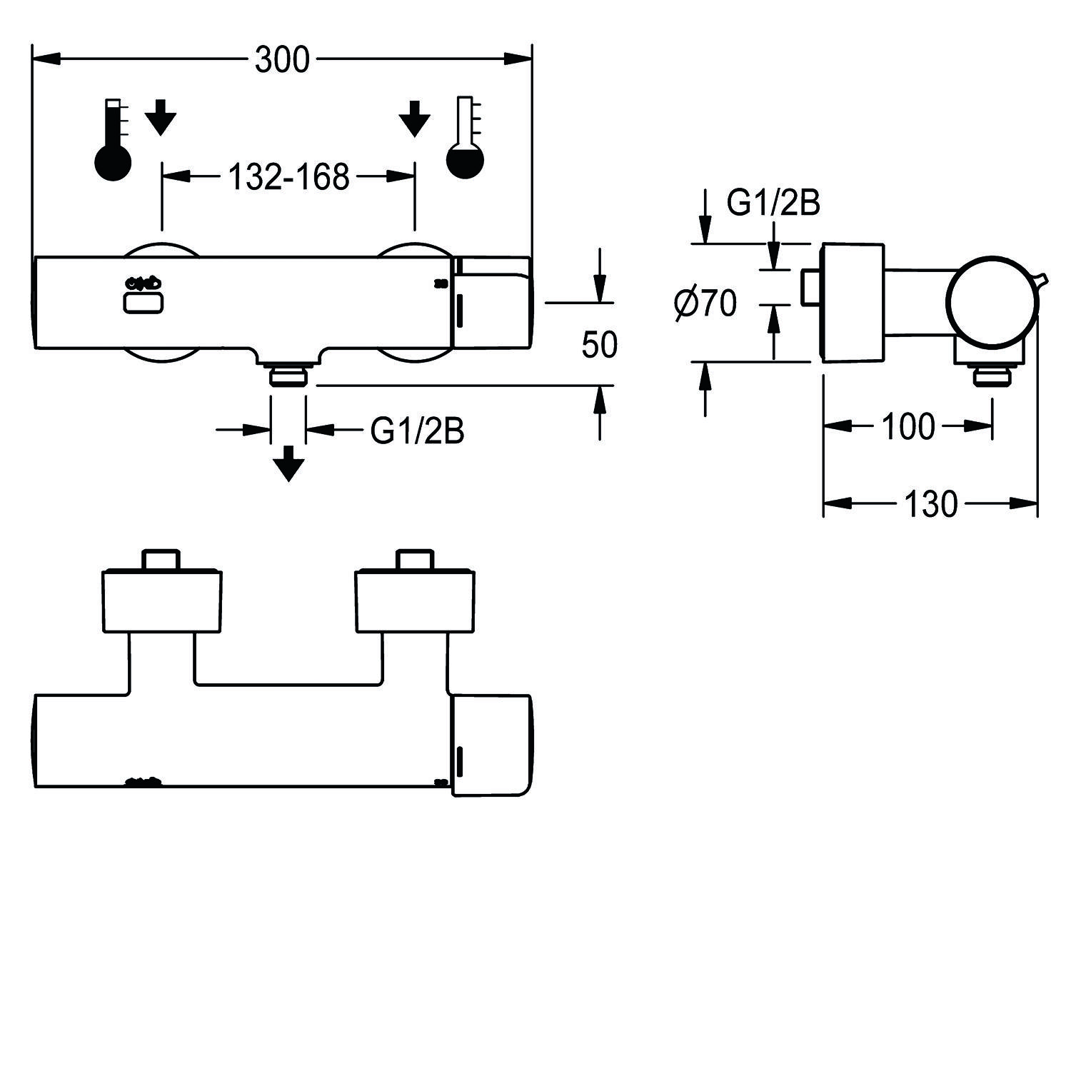 Technische Zeichnung mit Abmessungen einer Sanitärarmatur. Wichtige Maße umfassen 300 mm Breite, 132-168 mm Abstand zwischen Armaturen, und 50 mm Höhe. Anschlüsse mit G1/2B gekennzeichnet.