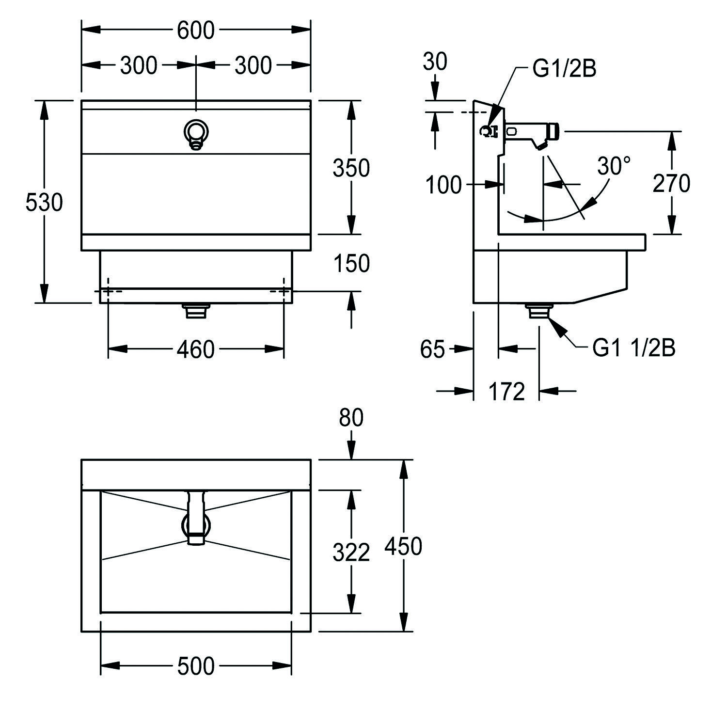 Technische Zeichnung eines wandmontierte Waschbeckens mit Abmessungen: 600 mm Breite, 530 mm Höhe und 460 mm Tiefe. Seitenansicht enthält Wasserhahn in einem Winkel von 30°.