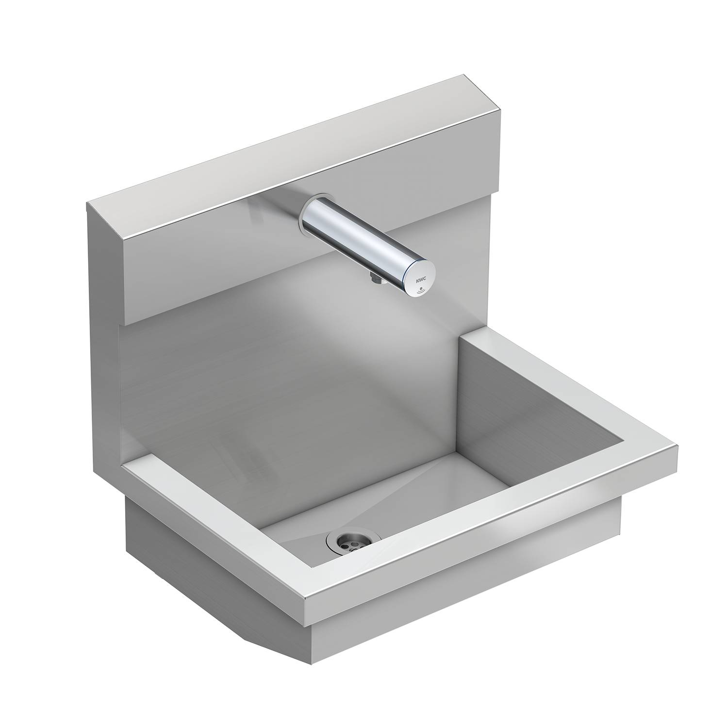 Ein Waschbecken aus Edelstahl, wandmontiert, mit modernem, minimalistischem Design, ausgestattet mit integrierter Armatur und quadratischer Beckenform, aus einem Winkel betrachtet.