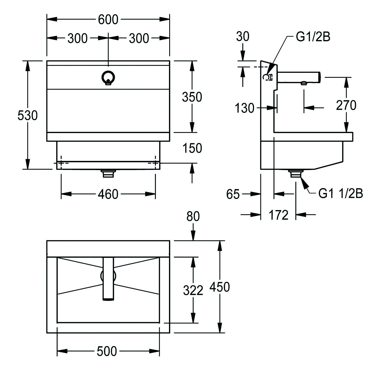 Technische Zeichnung eines Waschbeckens mit Maßangaben: 600x530 mm Gesamtabmessungen, 500x450 mm Becken, verschiedene Tiefen und Breiten mit Maßangaben beschriftet.