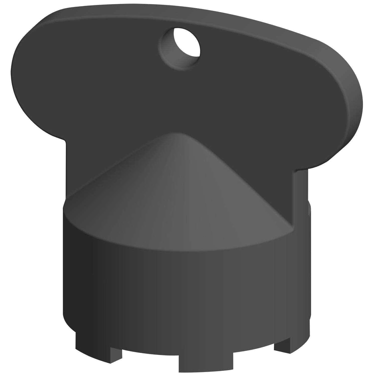 Ein 3D-gerenderter schwarzer Plastikknopf, zylindrisch mit einer konischen Oberseite und einem ovalen Kopf mit einem zentralen Loch, wirkt industriell im Design.