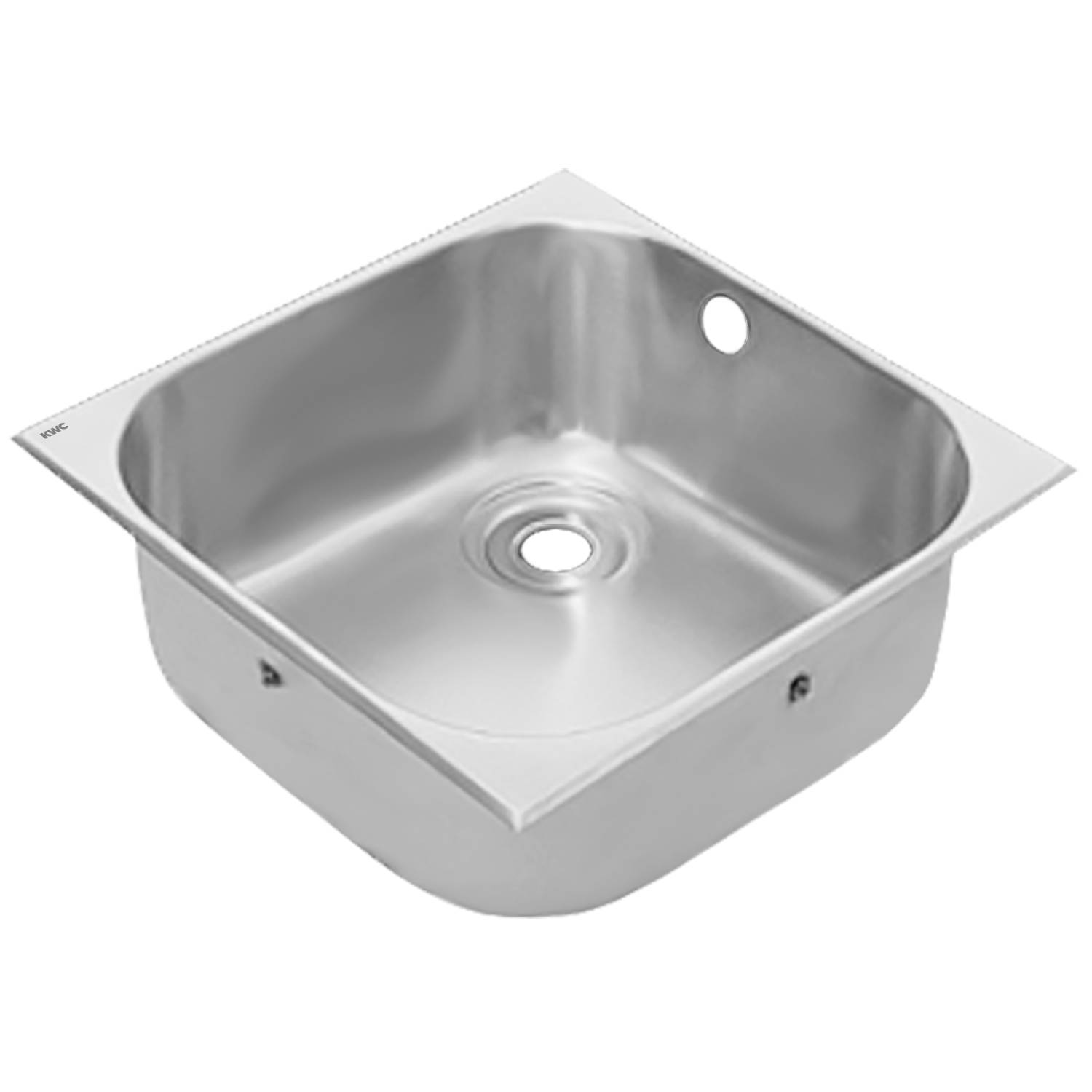 Ein Edelstahl-Küchenspülbecken mit quadratischer Form und Ablaufbohrung am Boden, von oben auf einem schwarzen Hintergrund betrachtet.