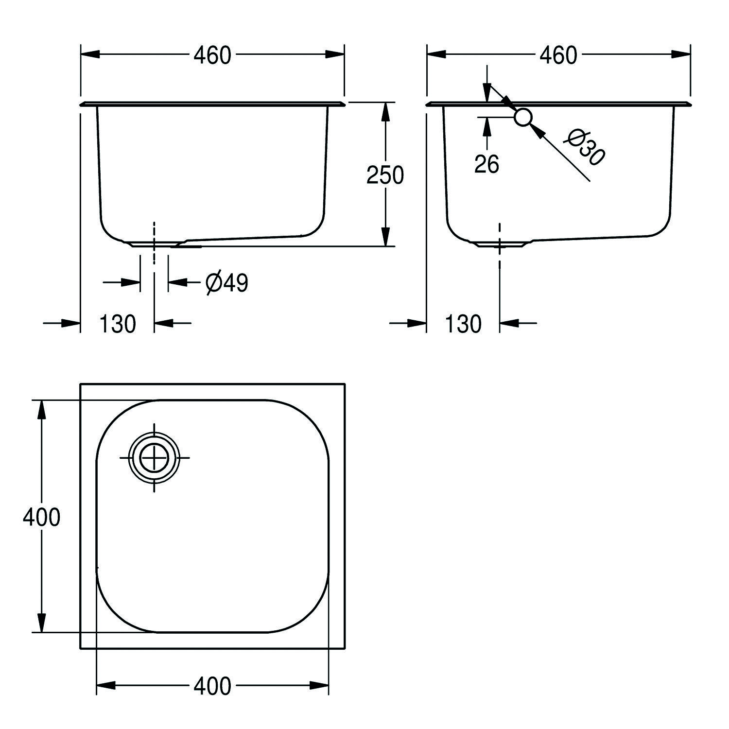 Spülbecken-Dimensionsdiagramm mit einem quadratischen Spülbecken mit abgerundeten Ecken: 460x460mm Oberkante, 400x400mm Basis und einer Tiefe von 250mm.