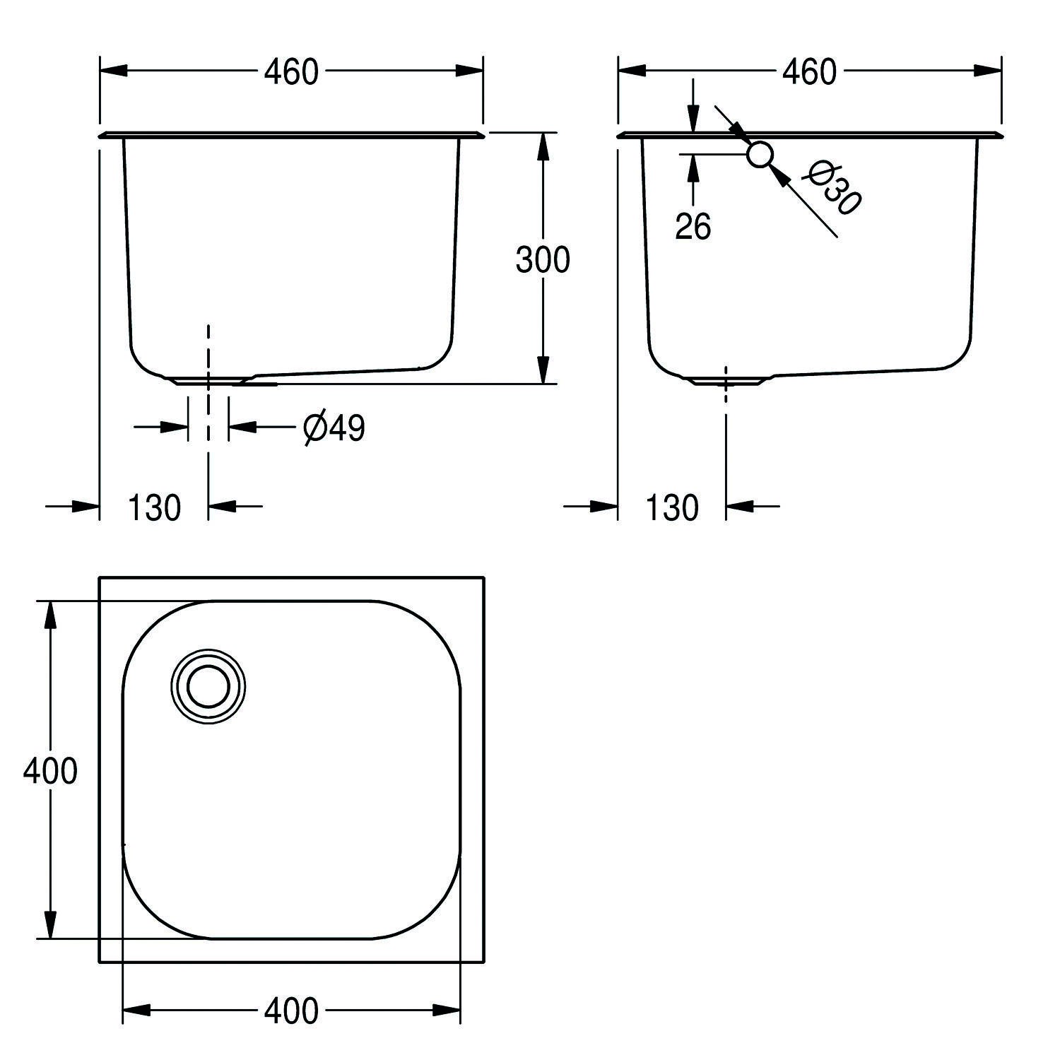 Technische Zeichnung eines quadratischen Waschbeckens mit Maßangaben. Draufsicht zeigt 400x400 mm. Seitenansicht zeigt eine Tiefe von 300 mm mit einem Ablaufloch von 49 mm Durchmesser.