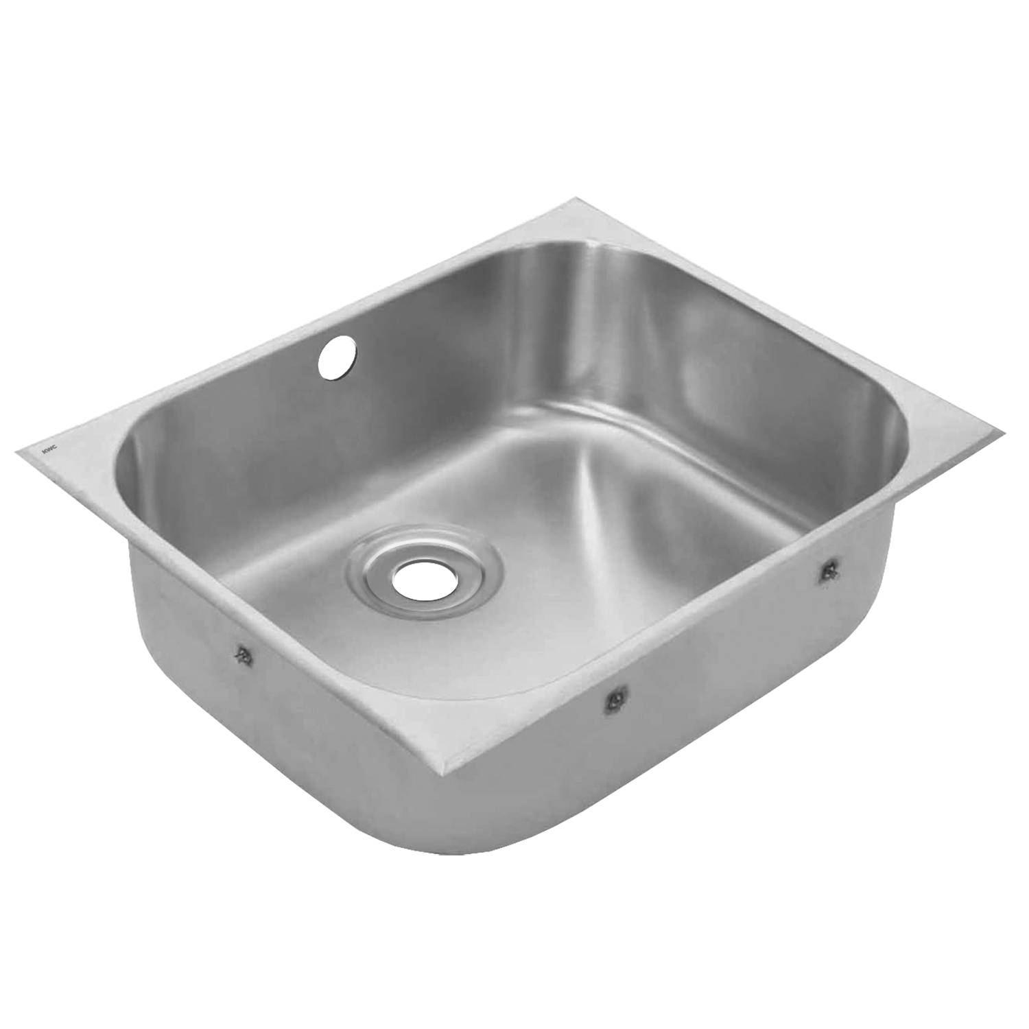 Ein Edelstahl-Küchenbecken mit einem einzelnen Waschbecken und Ablauf, vor einem schlichten Hintergrund.