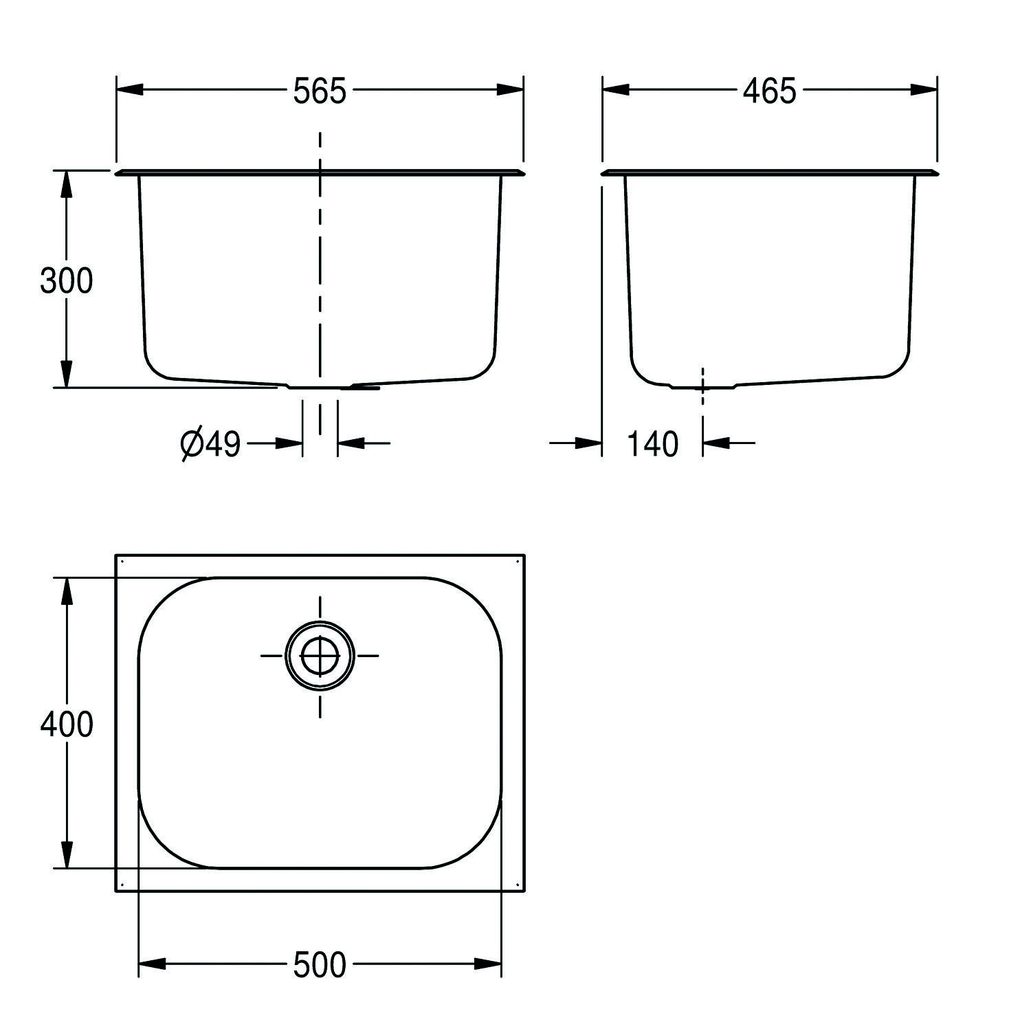 Diagramm eines rechteckigen Waschbeckens mit Maßen: 565 mm breit, 465 mm tief und 300 mm hoch. Durchmesser des Abfluslochs: 49 mm.
