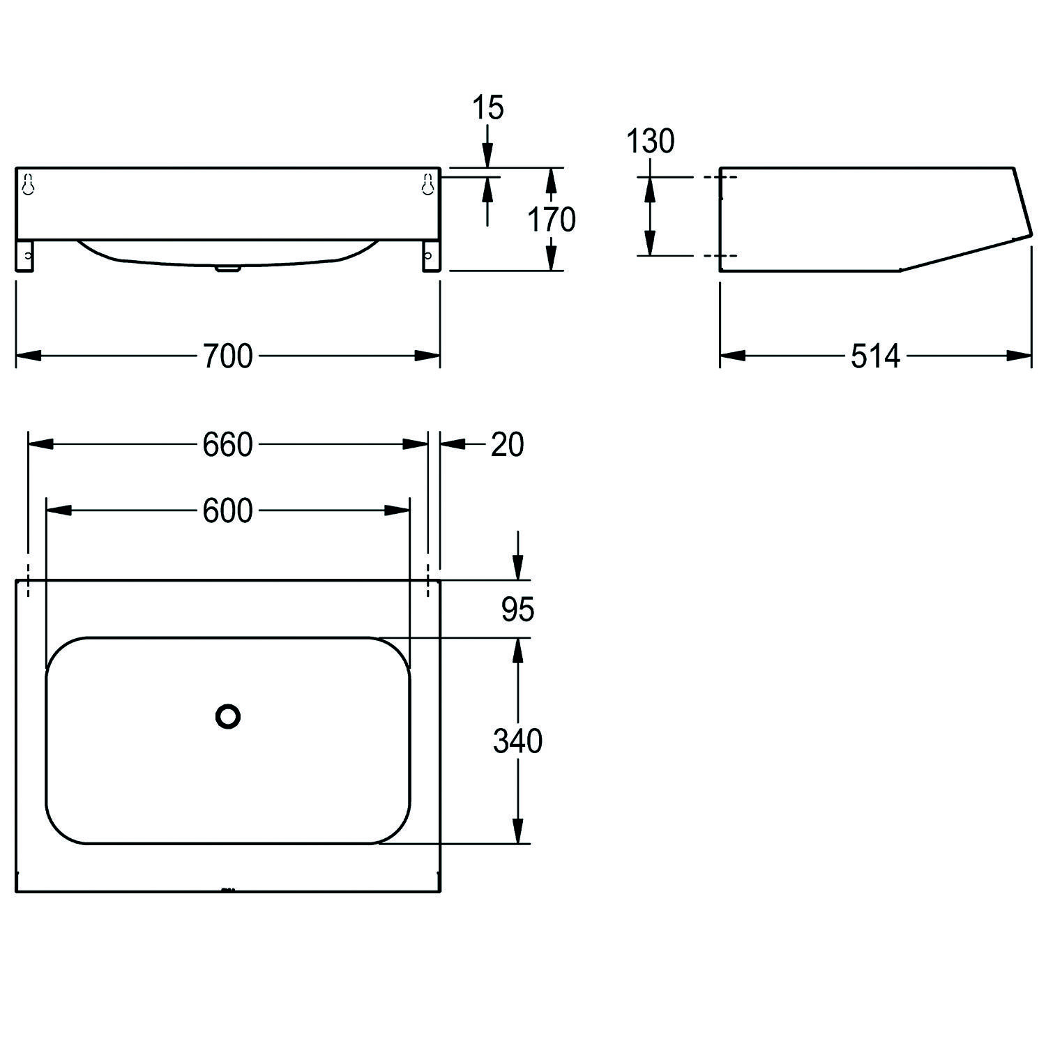 Diagramm mit den Abmessungen einer rechteckigen Badewanne: 700 mm Breite, 514 mm Tiefe und weiteren Maßangaben zur Ansicht von oben und von der Seite.