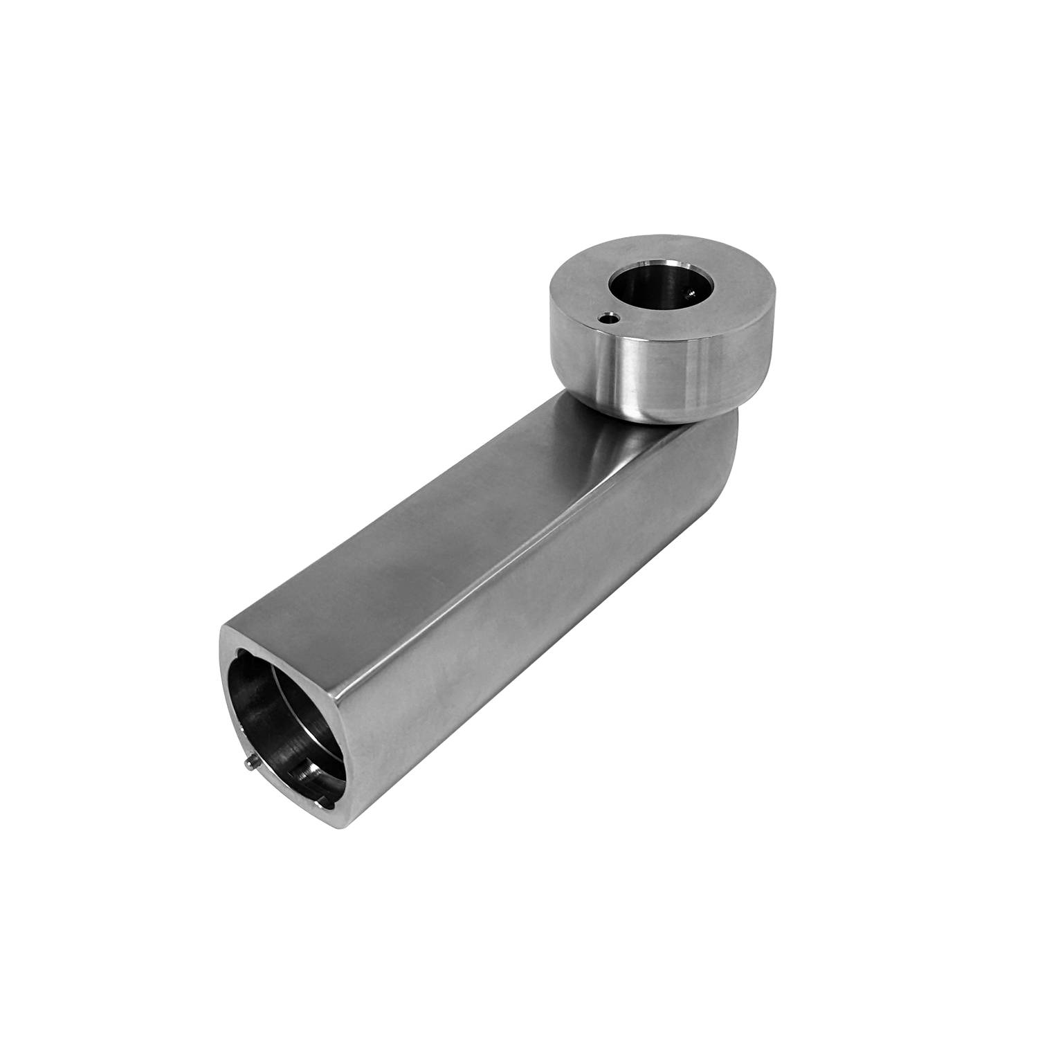 Stahlpleuelstange auf schwarzem Hintergrund, mit einem zylindrischen Kopf und rechteckigem Schaft, verwendet in mechanischen Anwendungen.