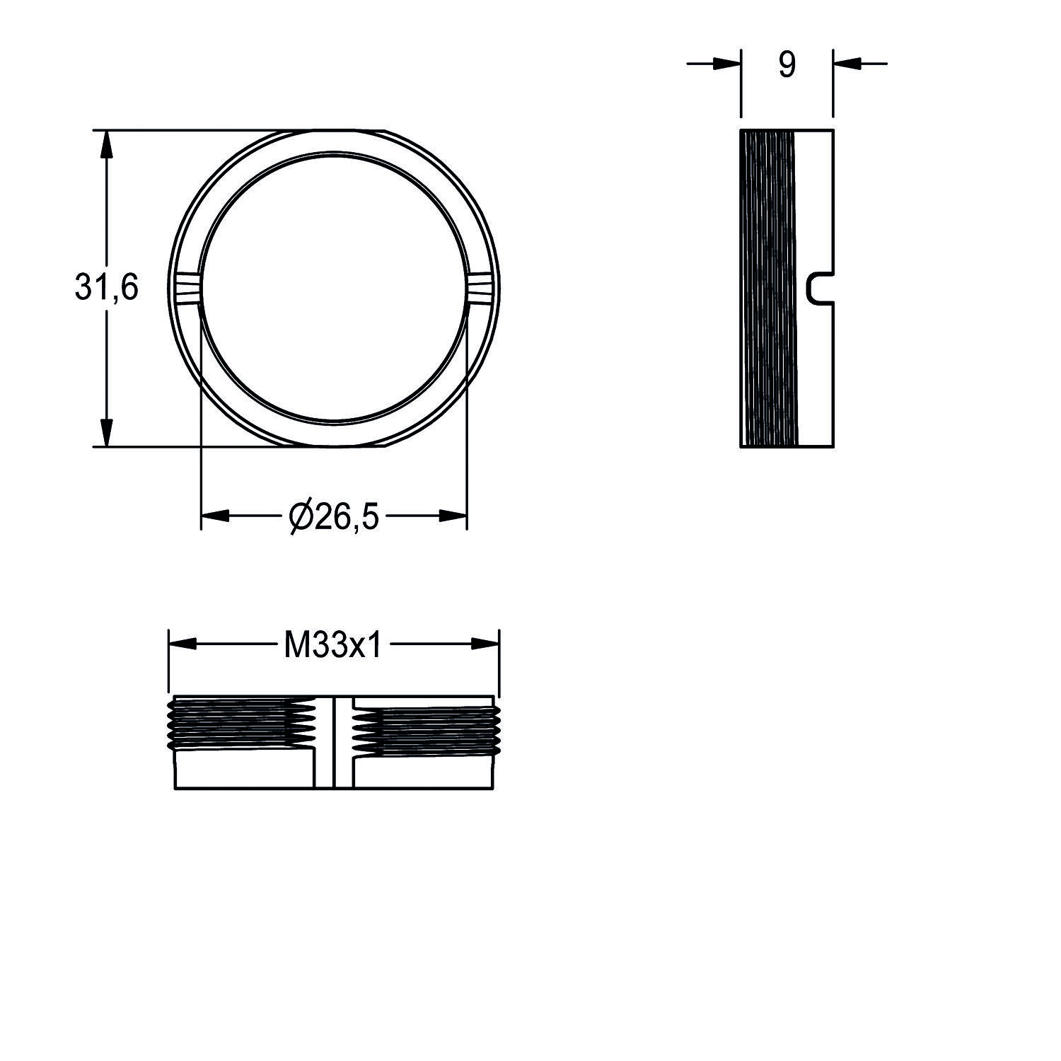 Eine technische Zeichnung eines kreisförmigen Objekts mit Angabe der Abmessungen: Durchmesser 26 mm, Höhe 9 mm und Gewindegröße M33x1. Enthält eine Seitenansicht.