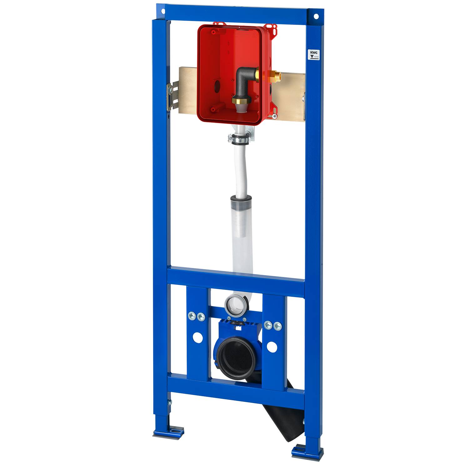 Wandeinbau-Toilettengestell mit versteckter Spülbox, blaue Metallkonstruktion, konzipiert für Badezimmerinstallationen.