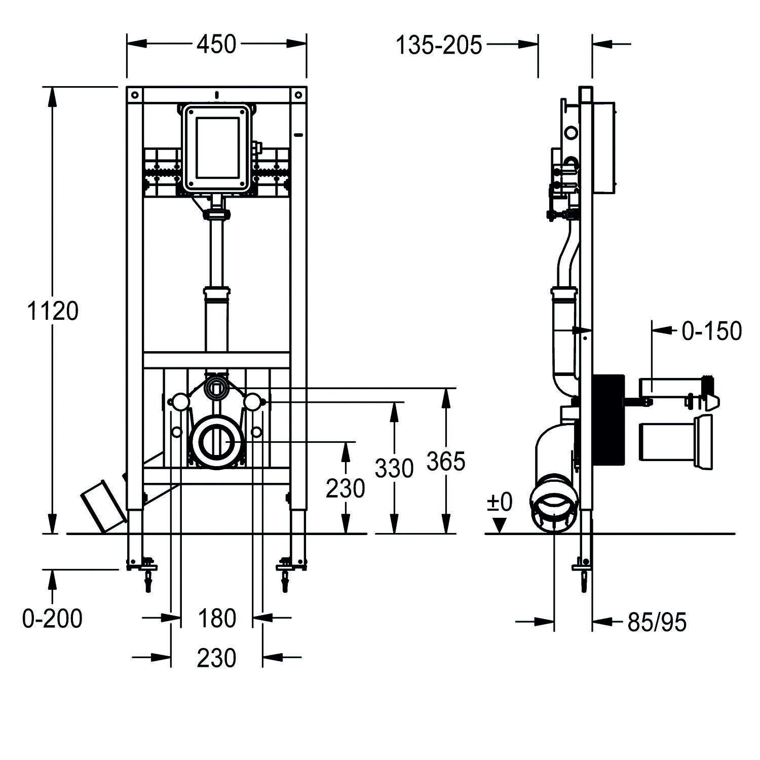Technische Zeichnung eines Installationsrahmens zur Wandmontage. Enthält Maße: Breite 450 mm, Höhe 1120 mm, Tiefe 180 mm, mit verschiedenen Rohranschlüssen.