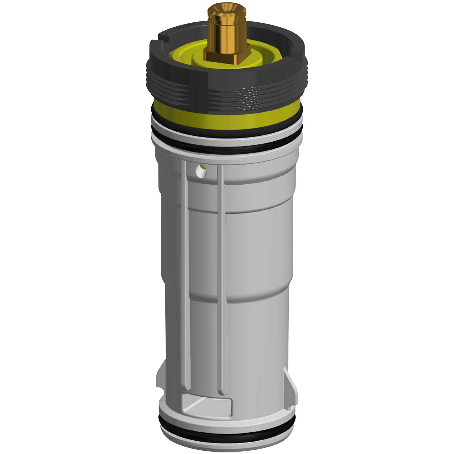 Eine zylindrische mechanische Komponente mit Rillen und Kanten, die ein hervorstehendes kupferfarbenes Metallstück an der Spitze aufweist.