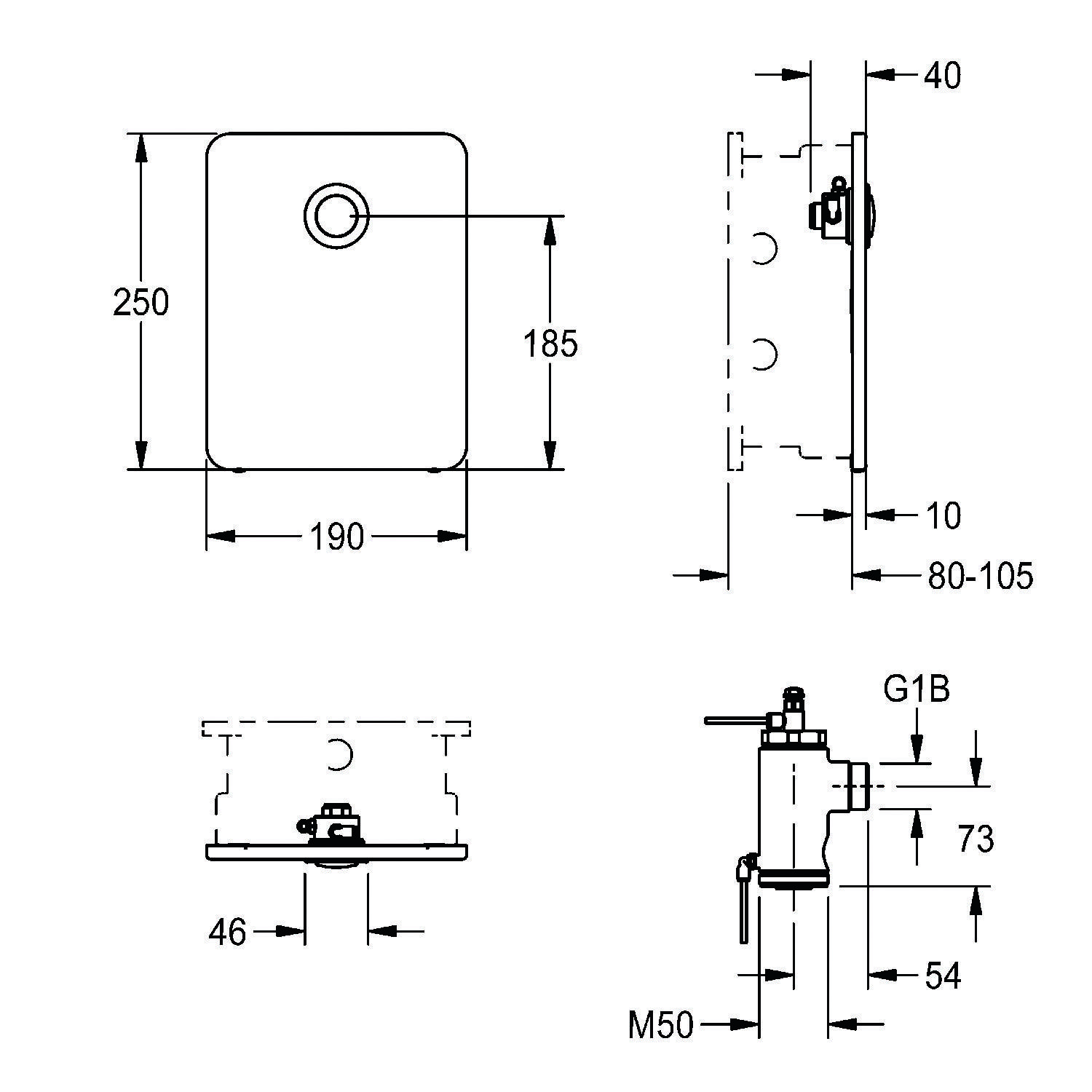 Technische Komponente mit Dimensionen: 250x190mm. Seitenansichten zeigen Höhe von 73-105mm, mit spezifischen Anschlüssen und Positionierungen.