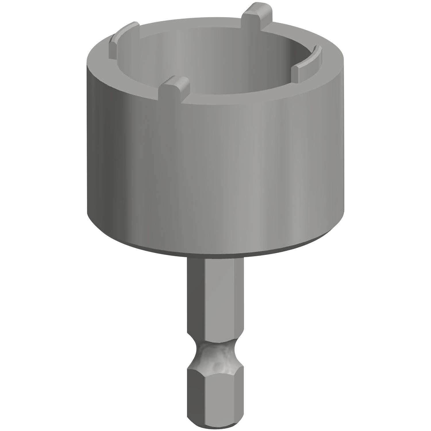 Ein grauer Metallbohrbitadapter mit Sechskantschaft und zylindrischem Aufnahmebereich, der zum Halten und Antreiben von Schrauben oder Bolzen verwendet wird.